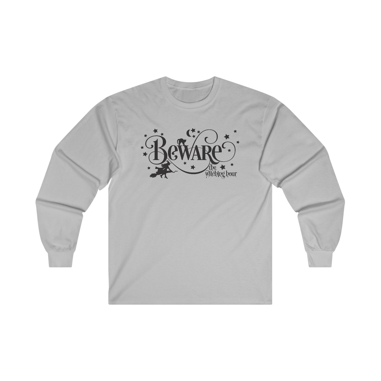 Halloween - Beware the Witching Hour - Witch - Broom - Stars - Moon - Ultra Cotton Long Sleeve Tee