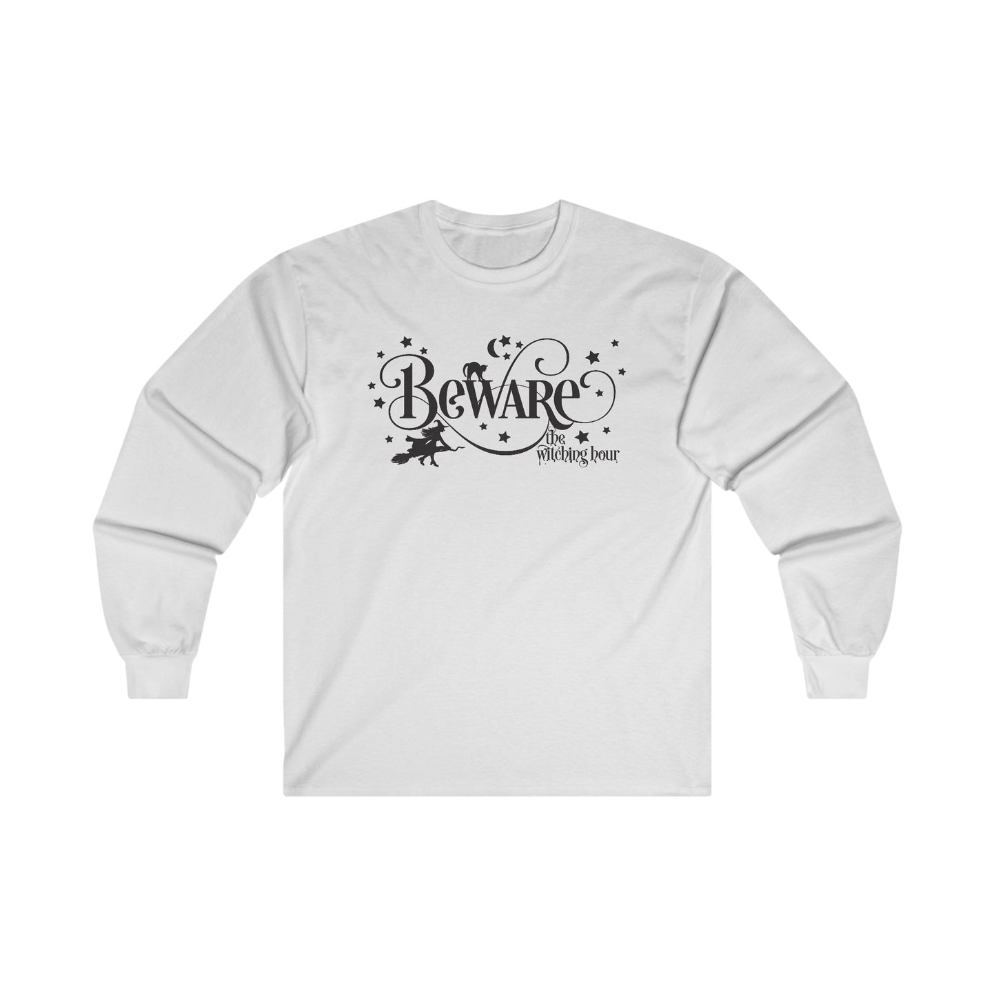 Halloween - Beware the Witching Hour - Witch - Broom - Stars - Moon - Ultra Cotton Long Sleeve Tee