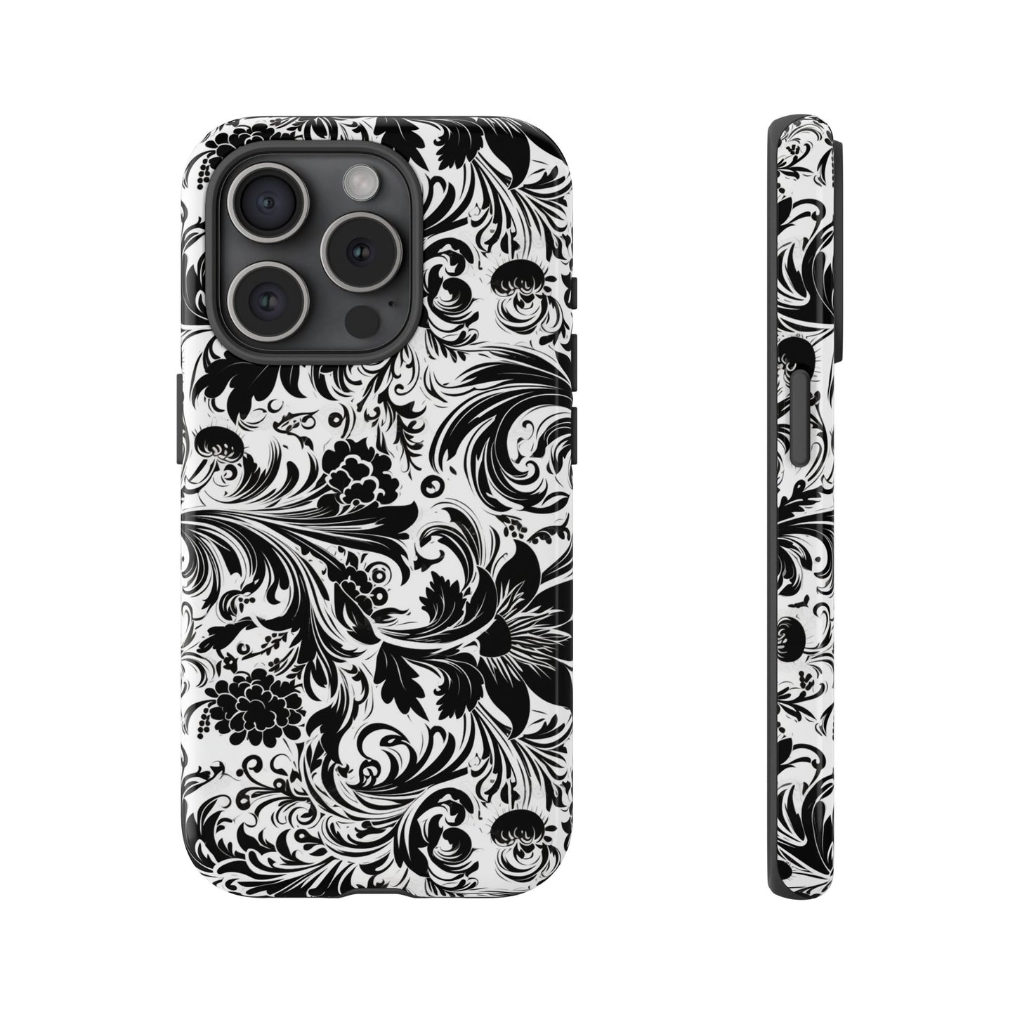 iPhone 16 and iPhone 15 Series - White and Black Flowers - Tough Phone Cases