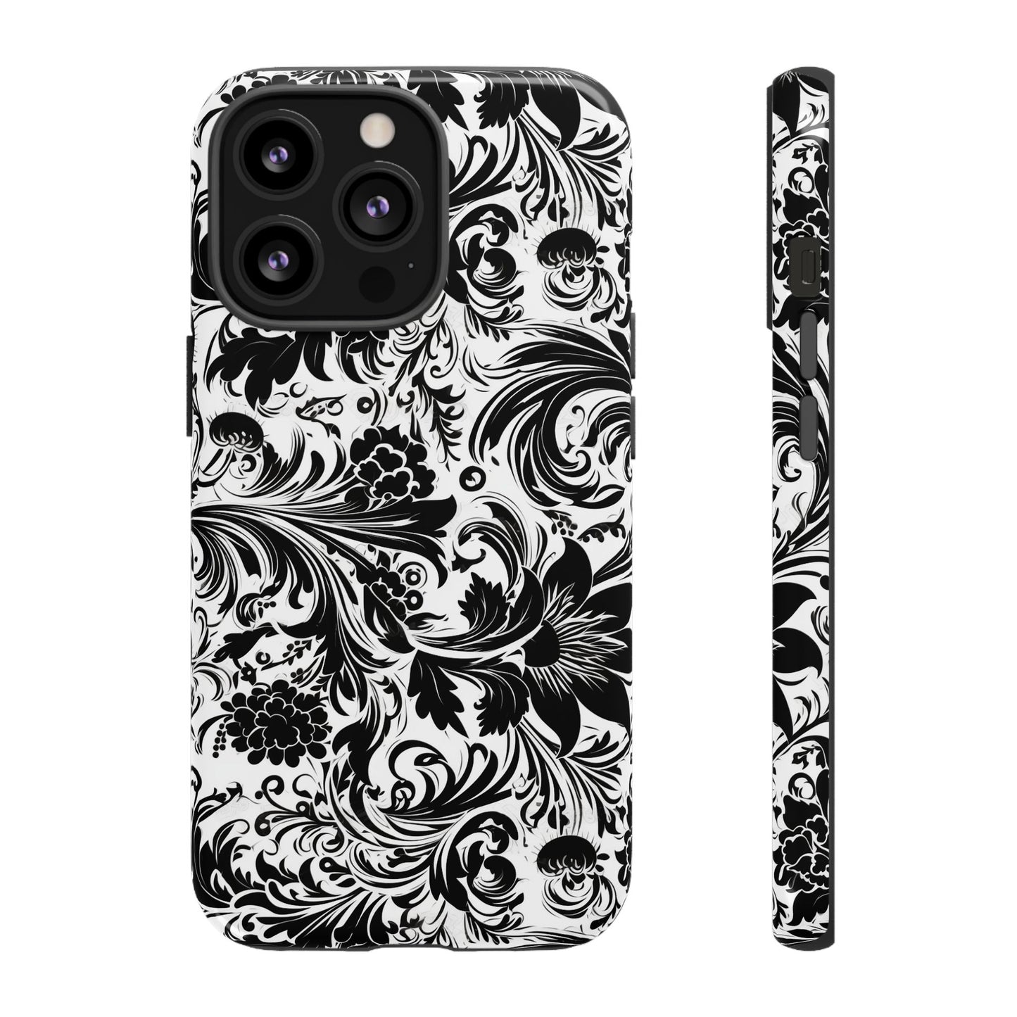 iPhone 13, 1Phone 13 Mini, iPhone 13 Pro, iPhone 13 Pro Max - White and Black Flowers - Tough Phone Cases