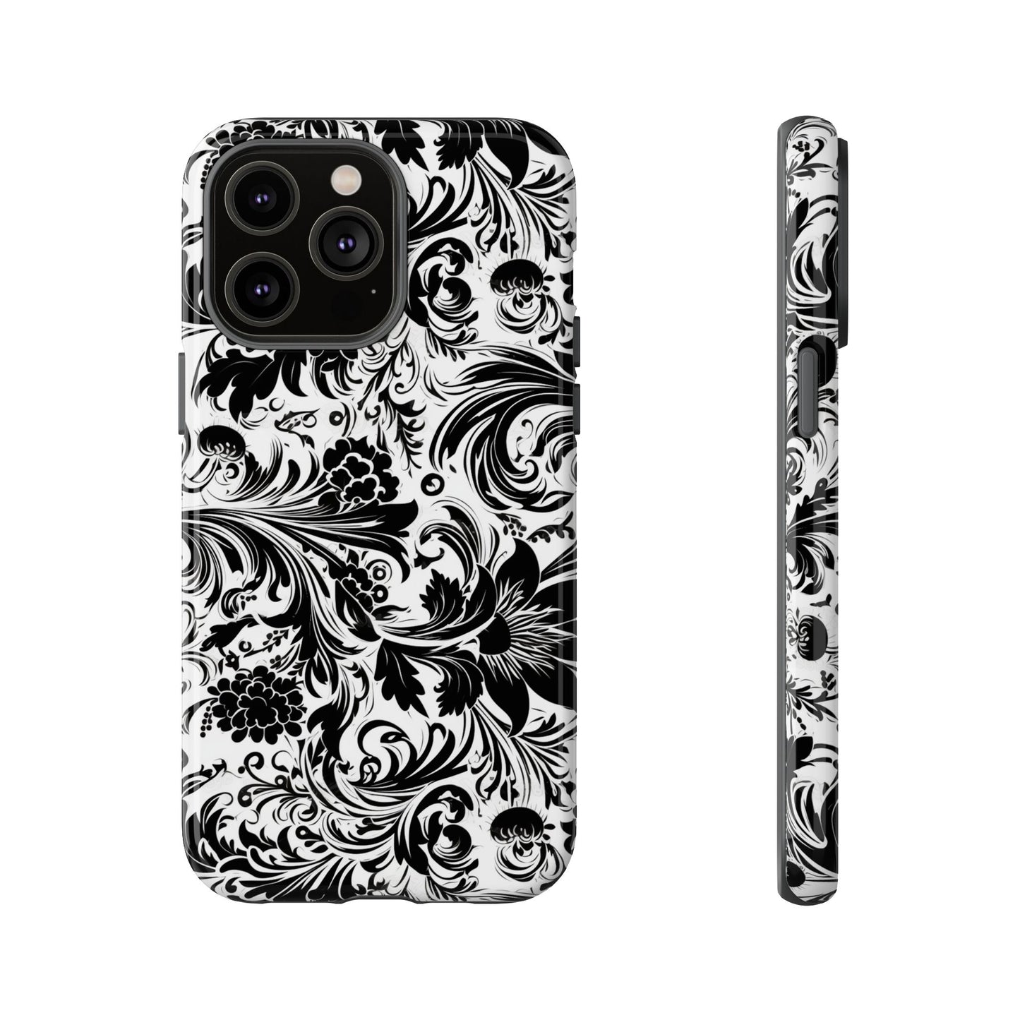 iPhone 14, 1Phone 14 Pro, iPhone 14 Plus, iPhone 14 Pro Max - White and Black Flowers - Tough Phone Cases