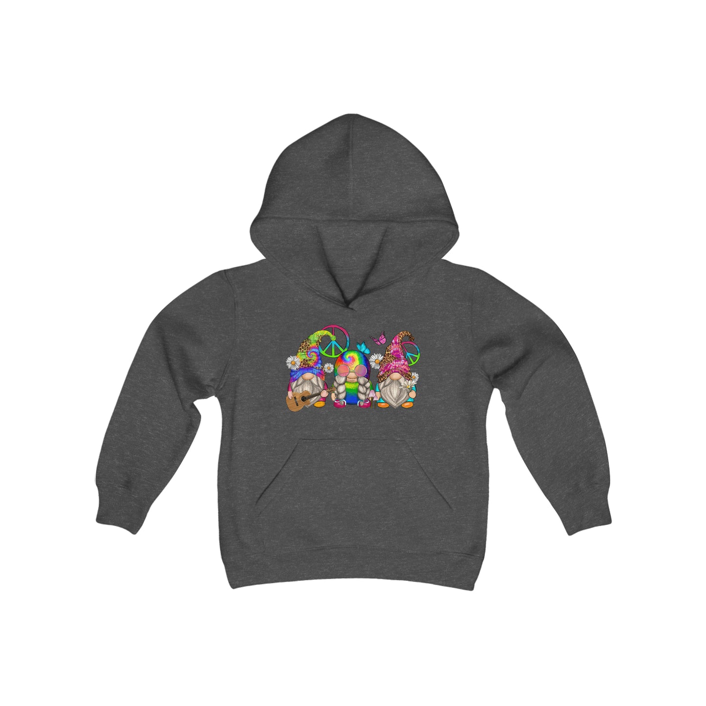 Cute Hippie Gnomes - Tie Dye - Peace Sign - Youth Heavy Blend Hooded Sweatshirt