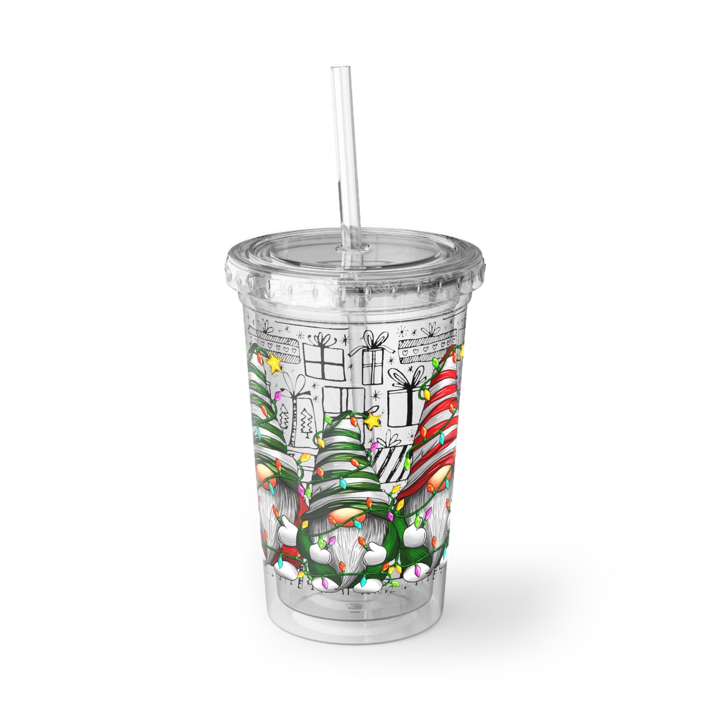 Merry Christmas Gnomes with Lights - Hand Drawn Presents - Clear - Suave Acrylic Cup - 16oz