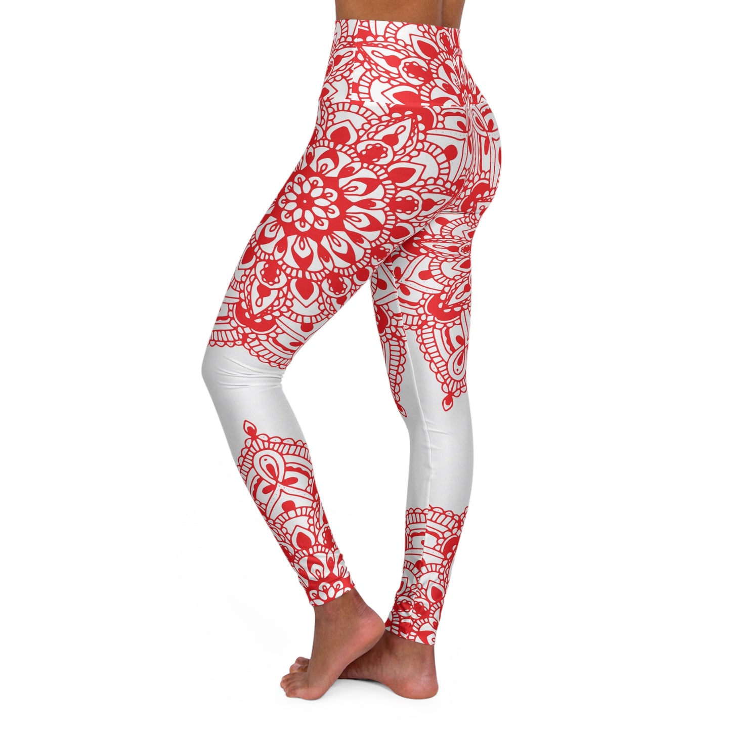 High Waisted Yoga Leggings - White with Red Mandala