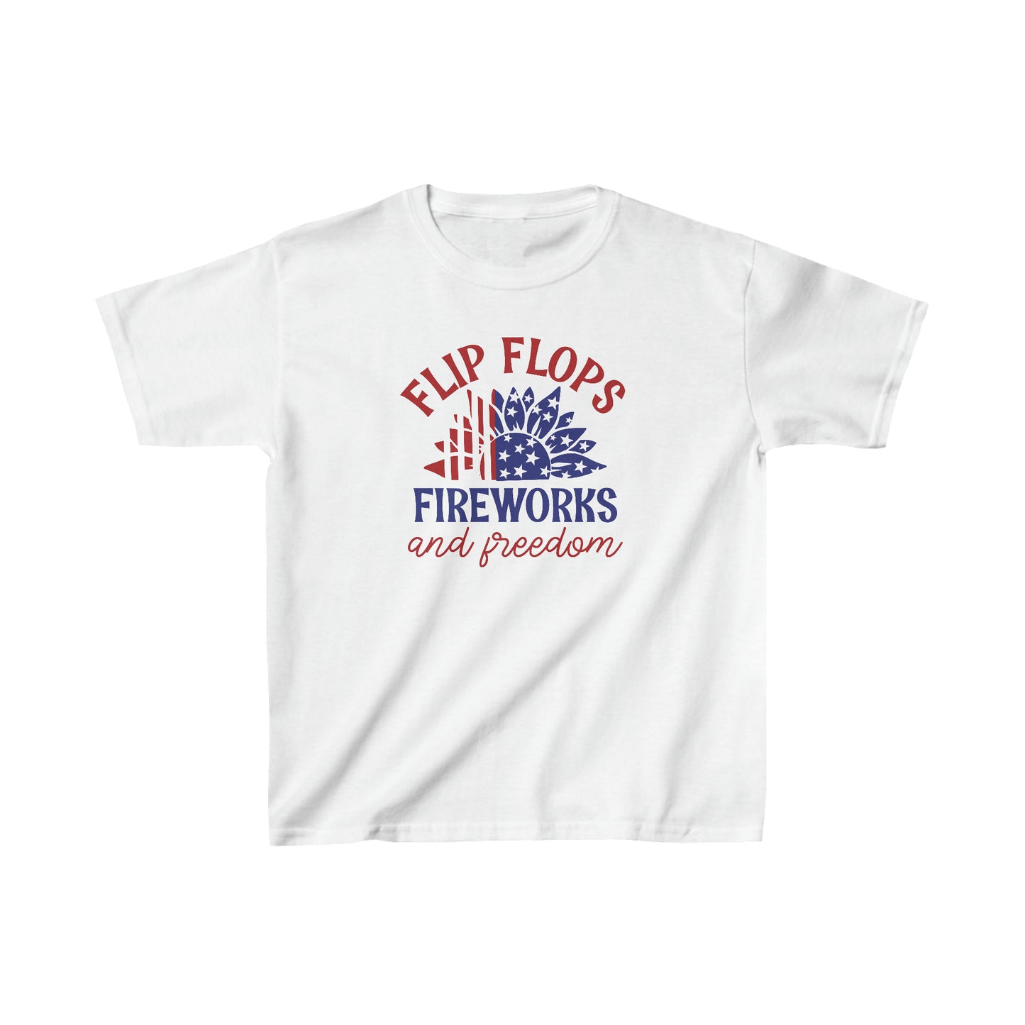 Flip Flops, Fireworks, and Freedom - American Flag - Sunflower - 4th of July - Independence Day - Kids Heavy Cotton Tee