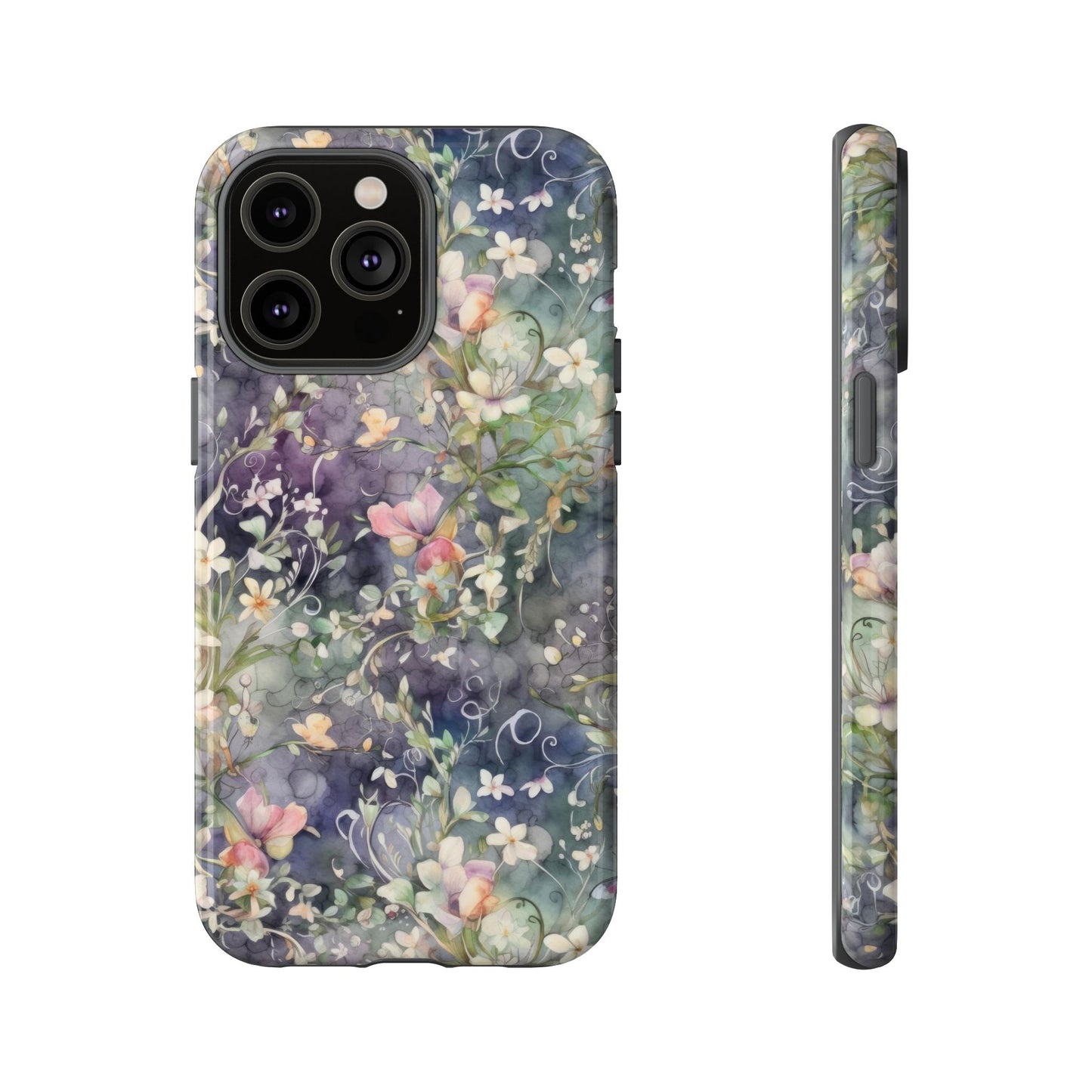 iPhone 14, iPhone 14 Pro, iPhone 14 Plus, iPhone 14 Pro Max - Watercolor Flowers Purple - Tough Phone Cases