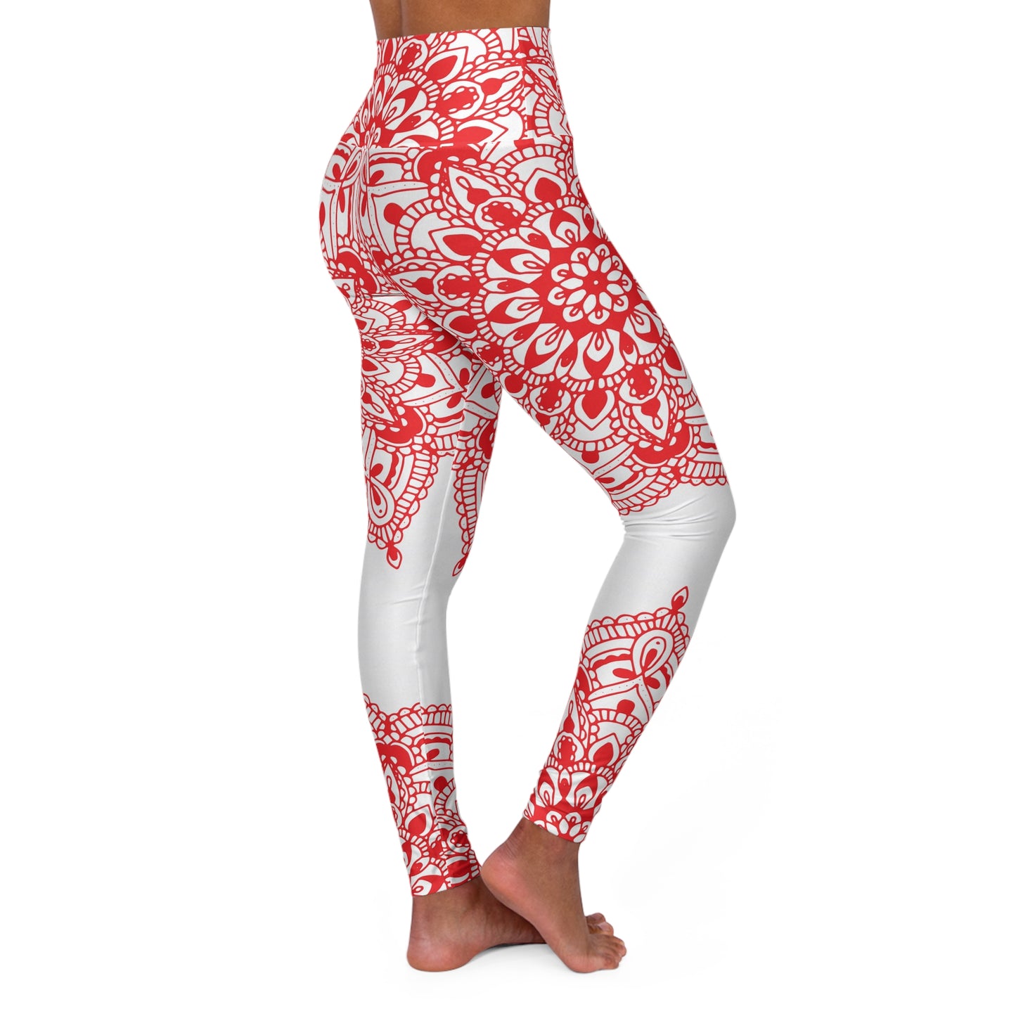 High Waisted Yoga Leggings - White with Red Mandala
