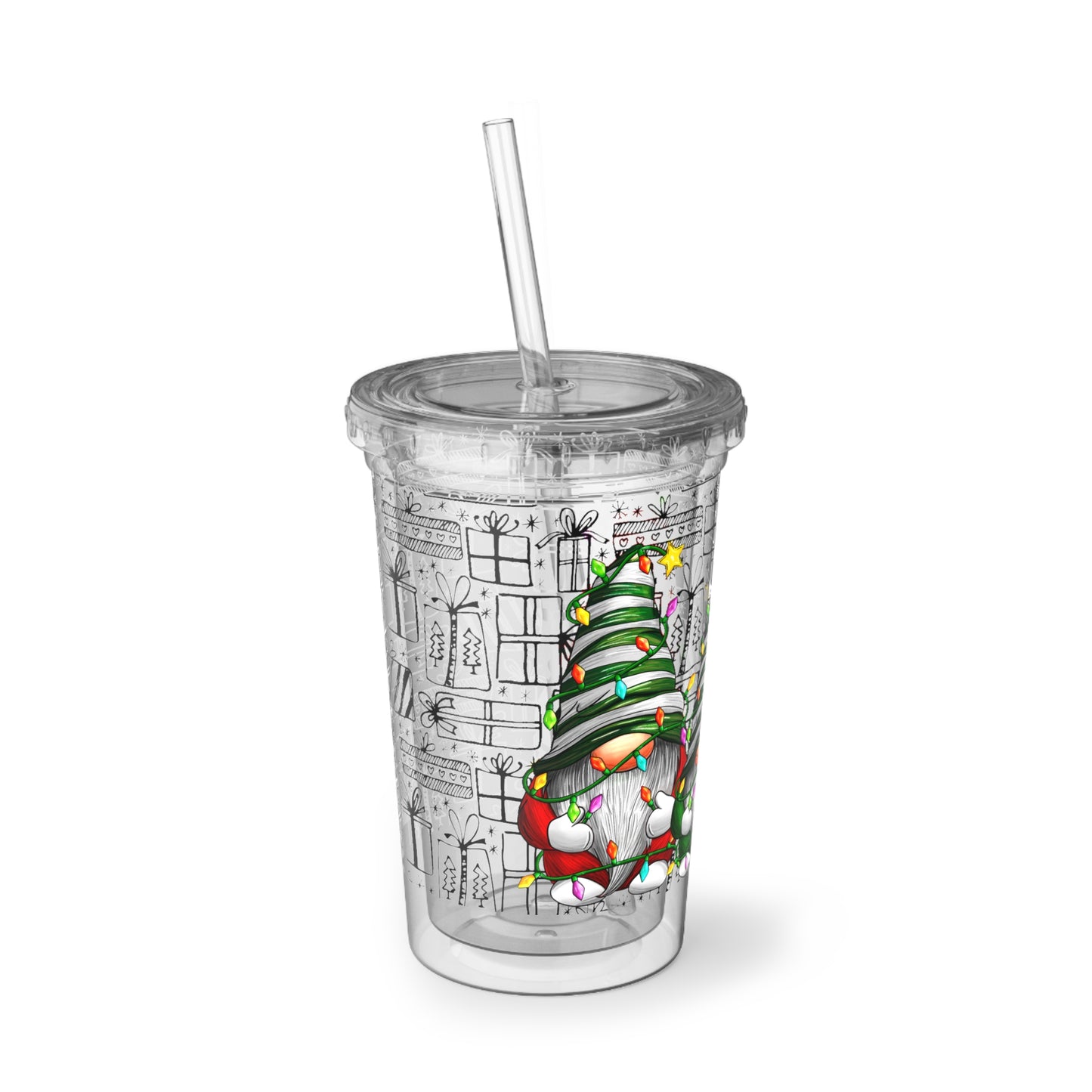 Merry Christmas Gnomes with Lights - Hand Drawn Presents - Clear - Suave Acrylic Cup - 16oz