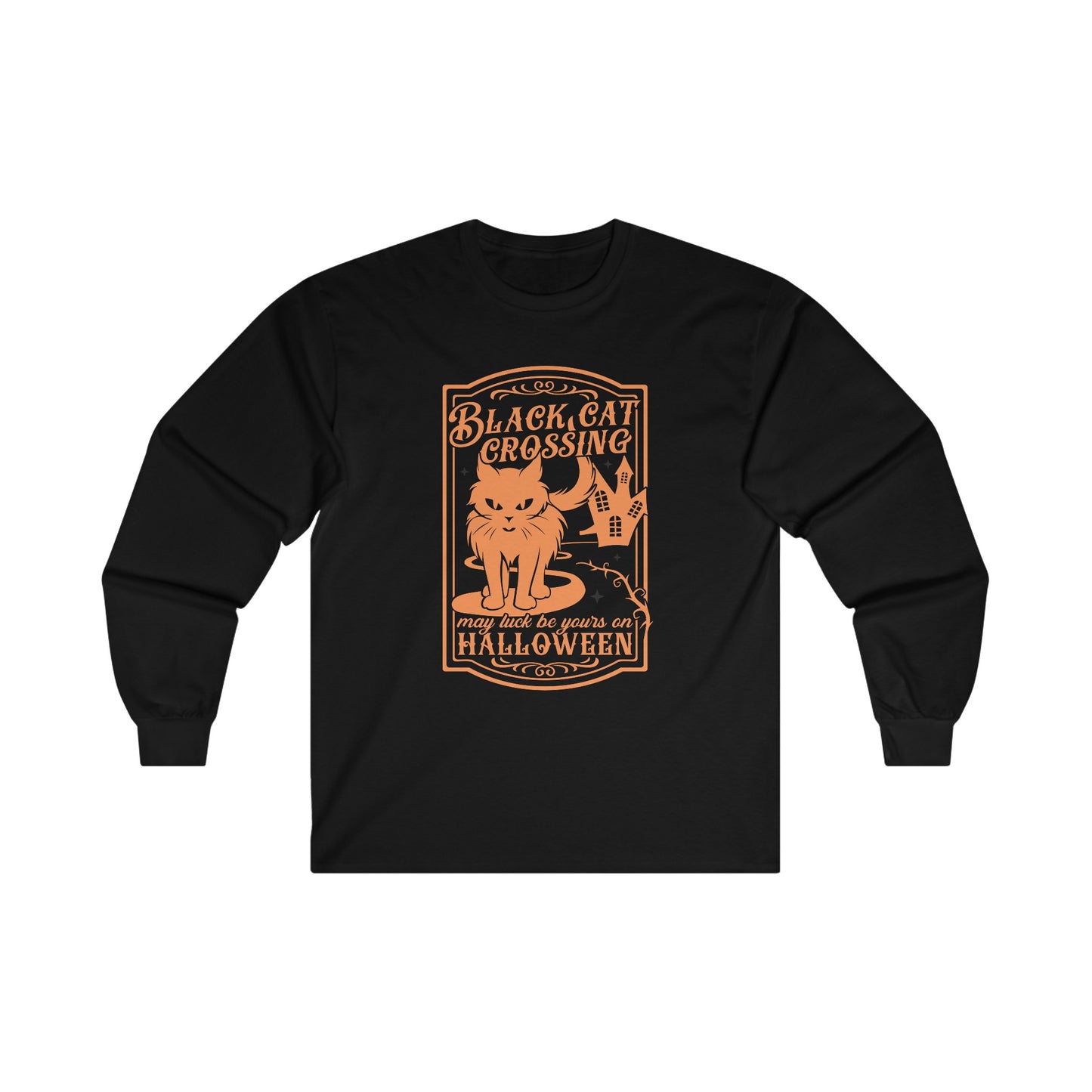 Halloween - Black Cat Crossing - Vintage - Haunted House - Ultra Cotton Long Sleeve Tee