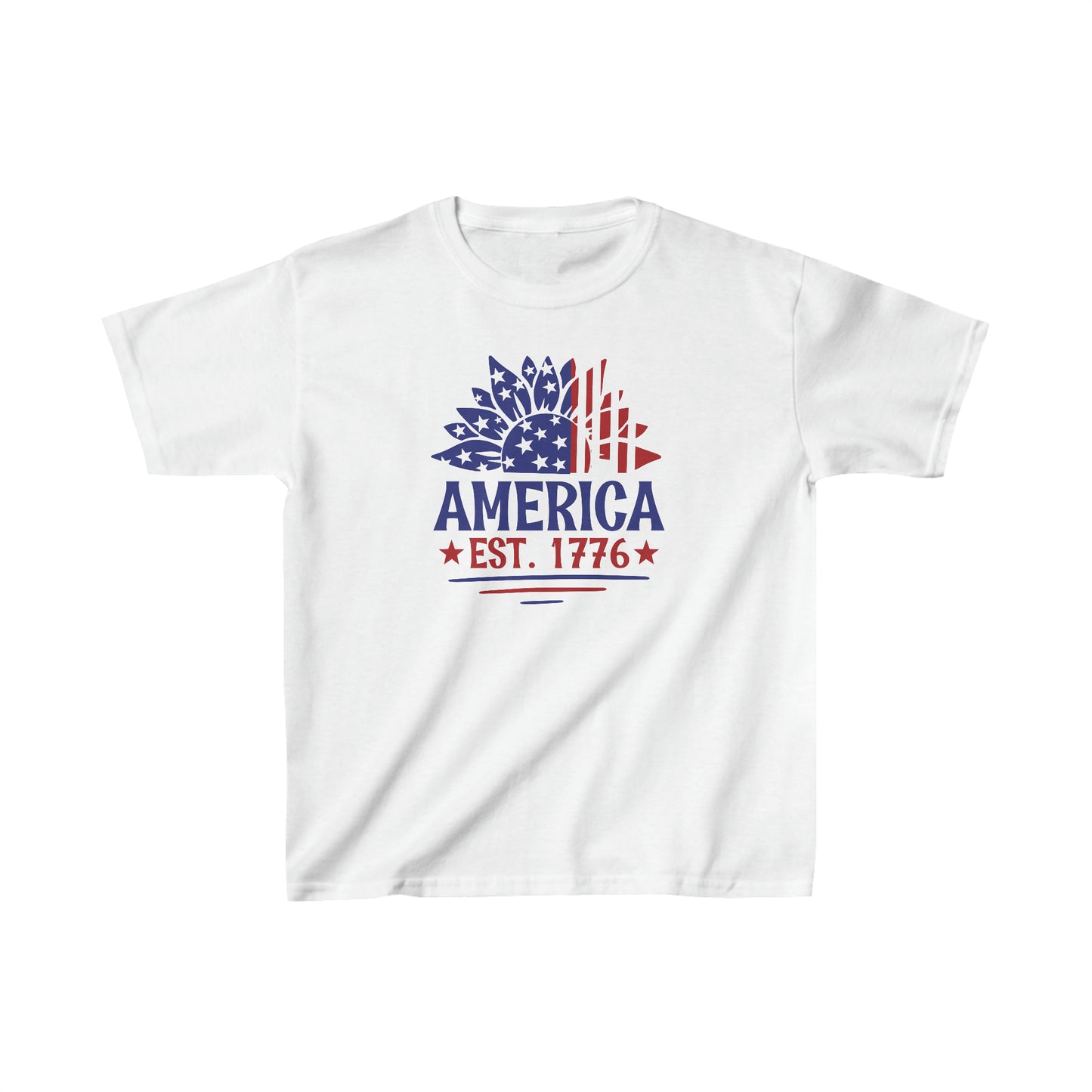 America - Est. 1776 - American Flag - Sunflower - 4th of July - Independence Day - Kids Heavy Cotton Tee