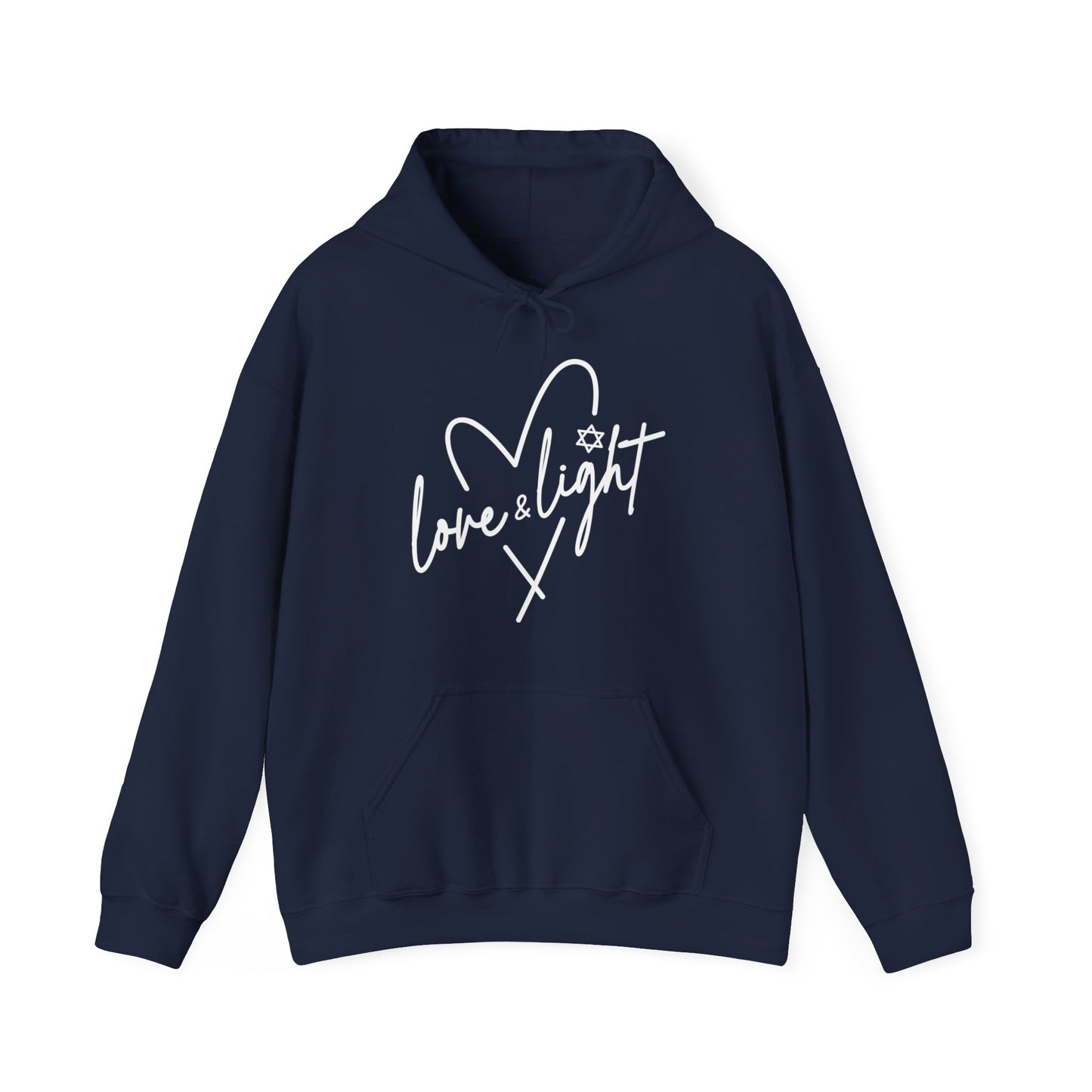 Hanukkah Saying - Love and Light - Star of David - Heart - Hanukkah Sweatshirt - Celebrate Hanukkah - Unisex Heavy Blend™ Hooded Sweatshirt