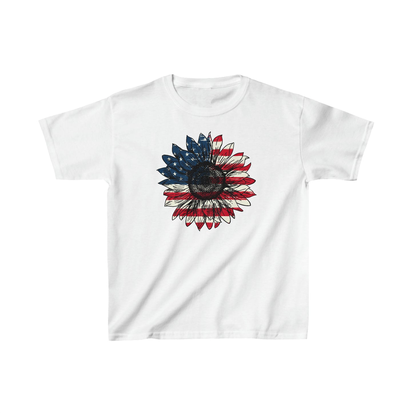 Sunflower American Flag - 4th of July - Independence Day - Kids Heavy Cotton Tee