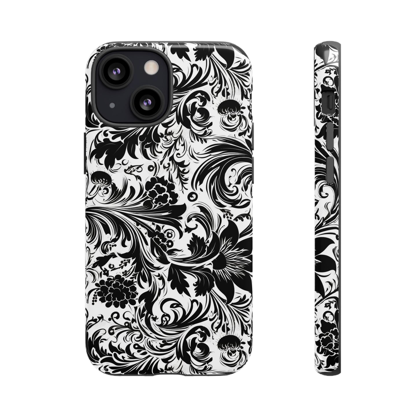 iPhone 13, 1Phone 13 Mini, iPhone 13 Pro, iPhone 13 Pro Max - White and Black Flowers - Tough Phone Cases