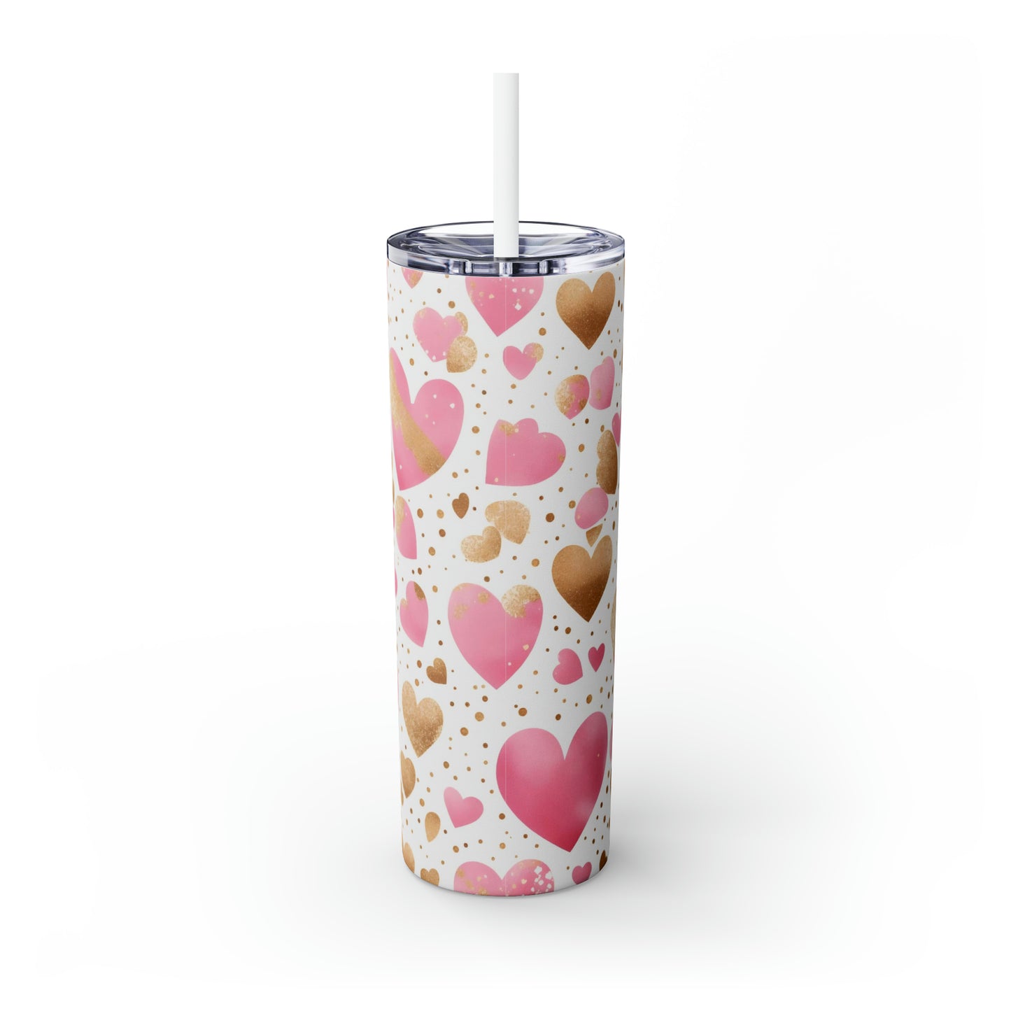 Love Hearts - Pink and Gold Floating Hearts - Skinny Tumbler with Straw, 20oz - Stainless Steel