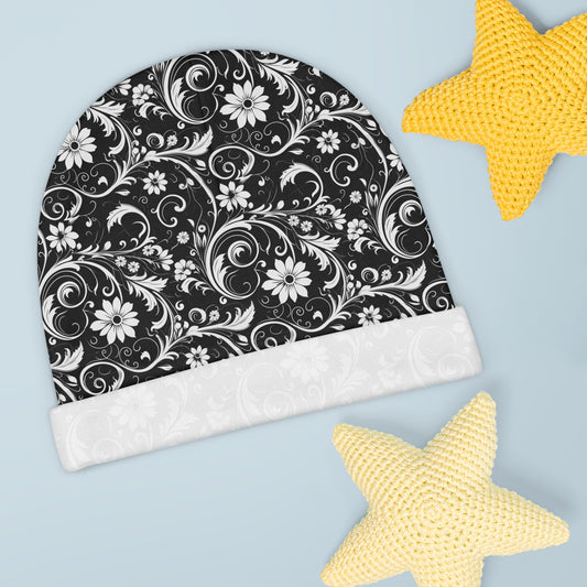 Black with White Flowers - Super Cute - Baby Beanie