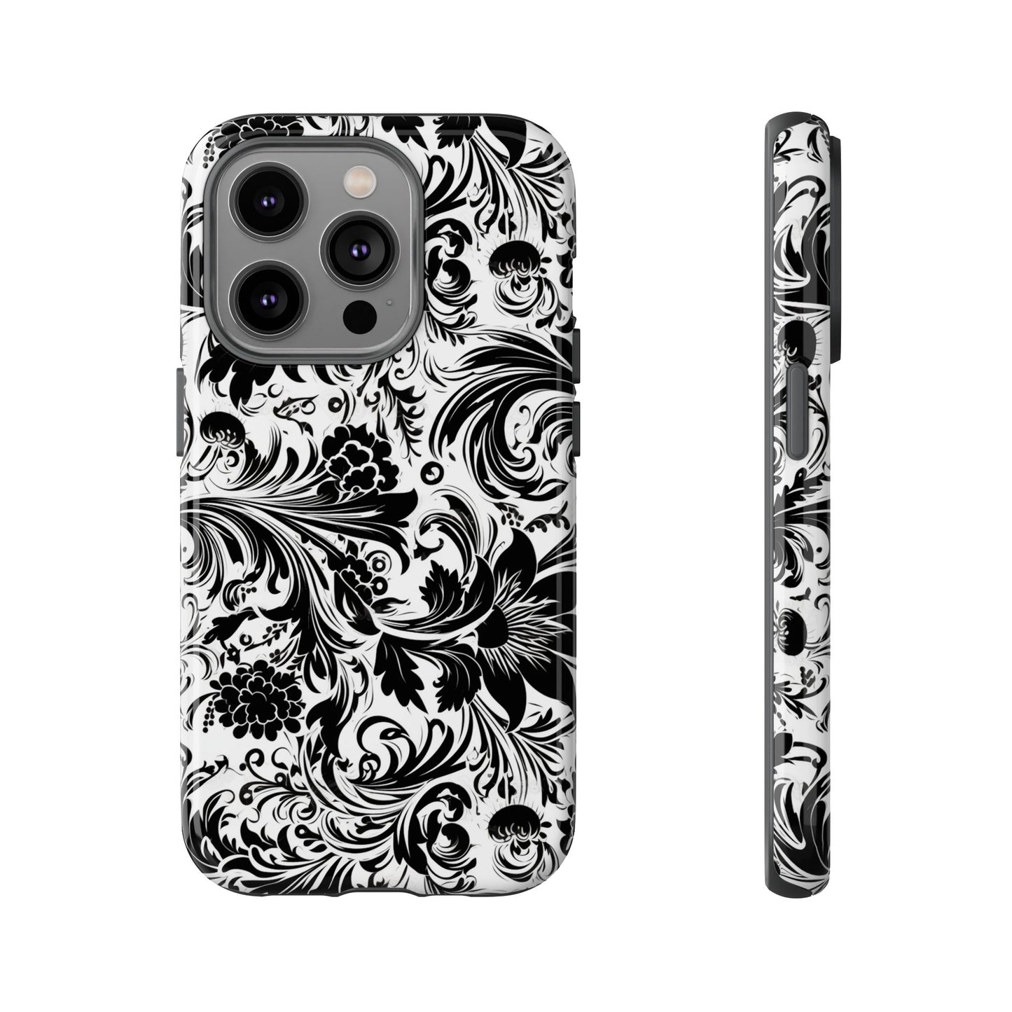 iPhone 14, 1Phone 14 Pro, iPhone 14 Plus, iPhone 14 Pro Max - White and Black Flowers - Tough Phone Cases