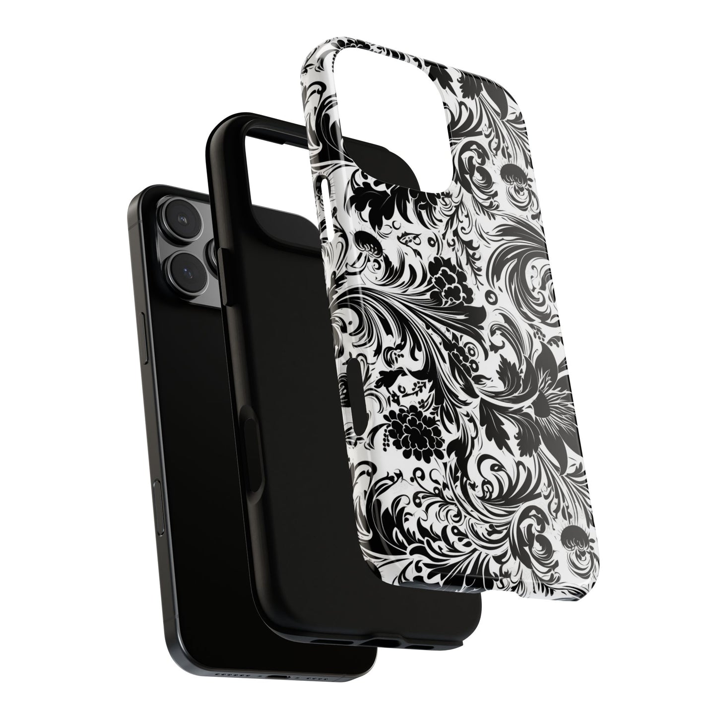 iPhone 16 and iPhone 15 Series - White and Black Flowers - Tough Phone Cases