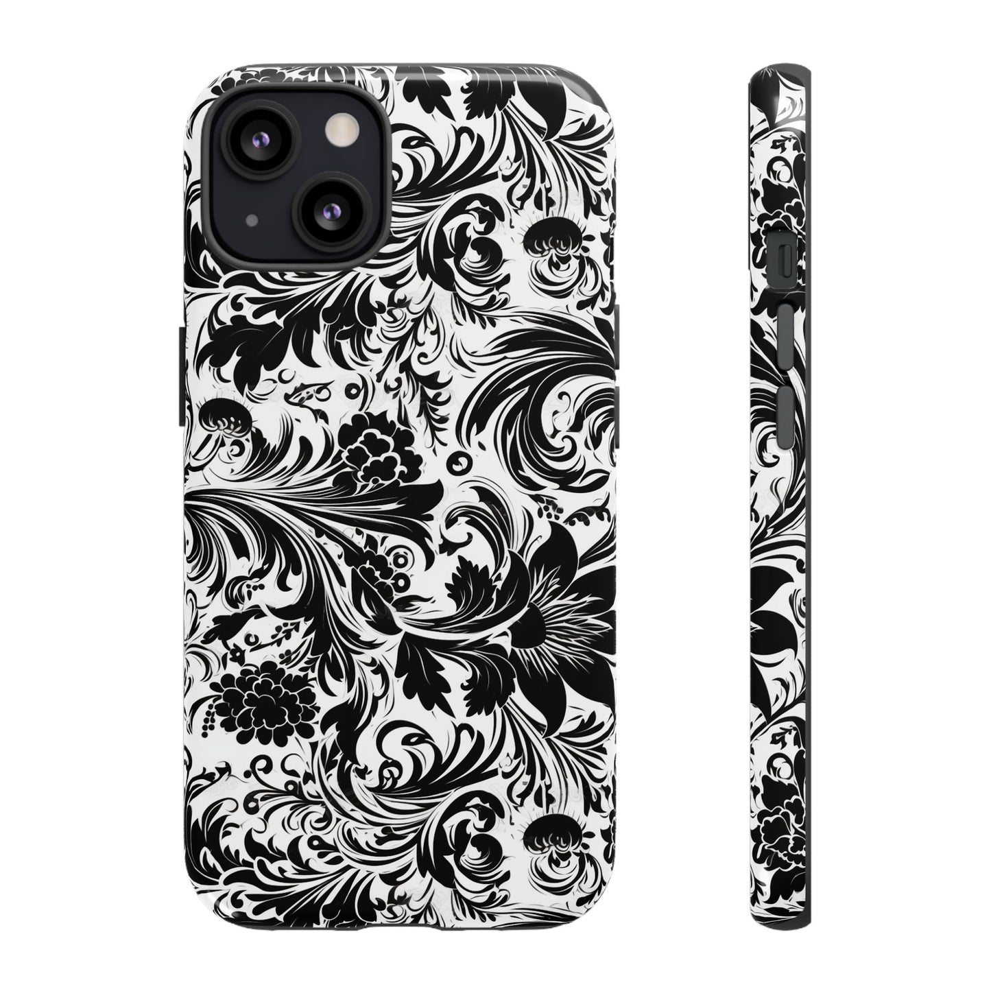 iPhone 13, 1Phone 13 Mini, iPhone 13 Pro, iPhone 13 Pro Max - White and Black Flowers - Tough Phone Cases