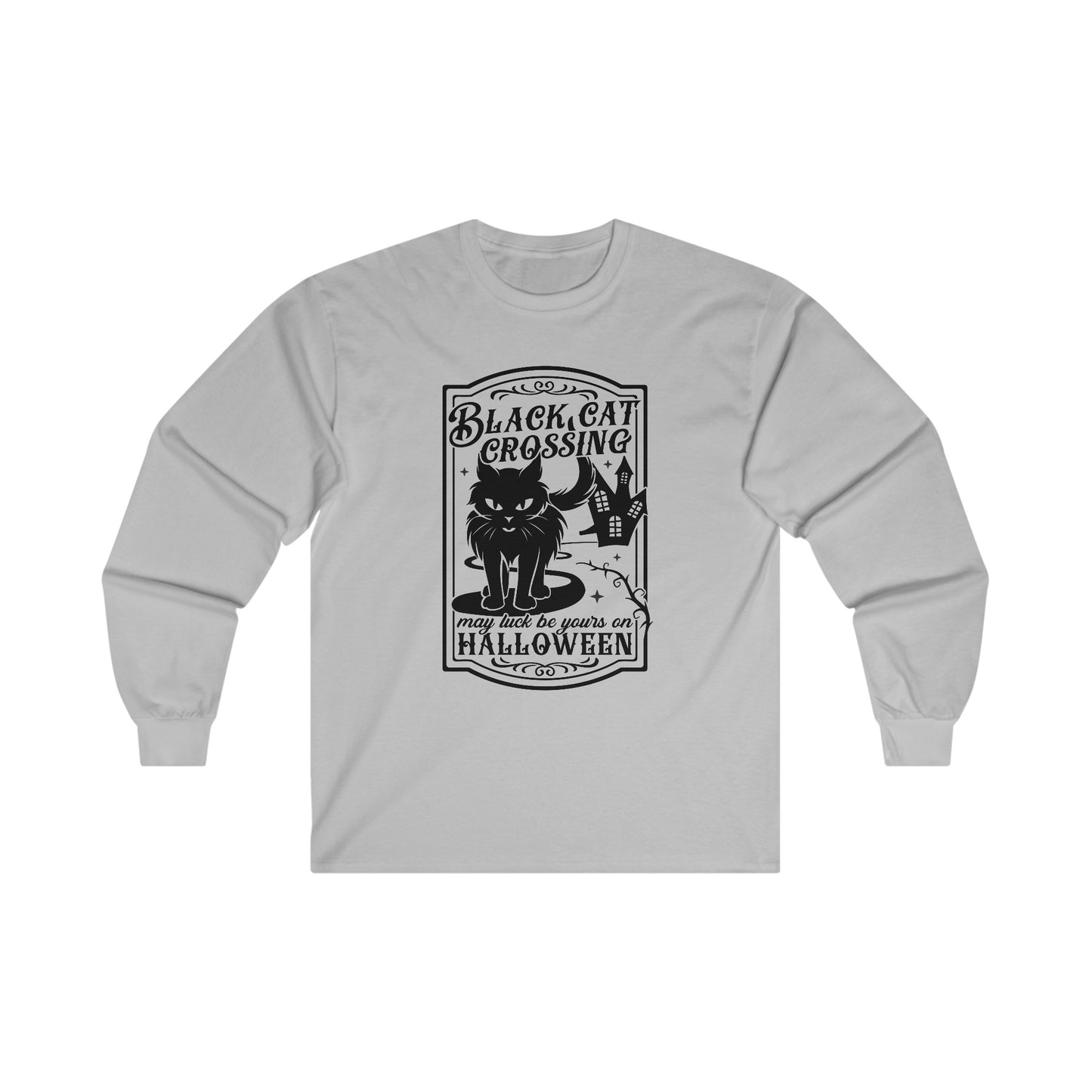 Halloween - Black Cat Crossing - Vintage - Haunted House - Ultra Cotton Long Sleeve Tee