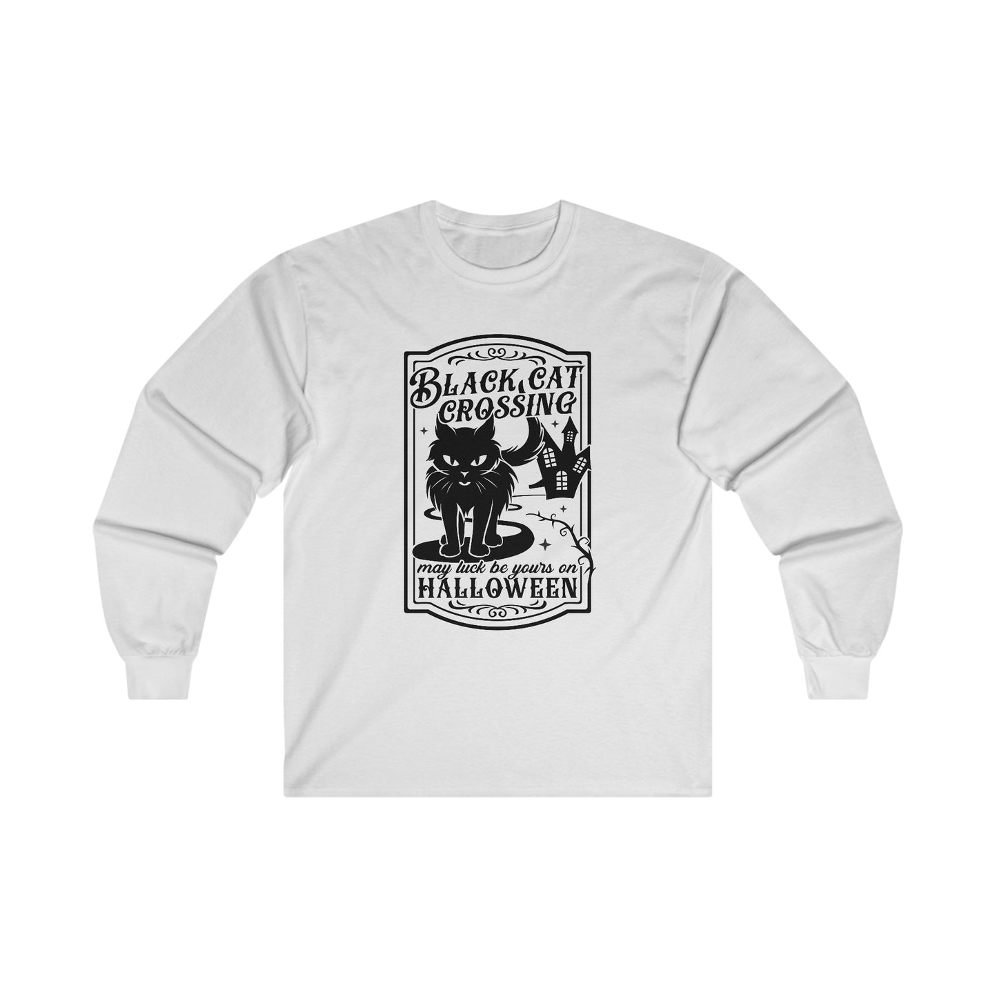 Halloween - Black Cat Crossing - Vintage - Haunted House - Ultra Cotton Long Sleeve Tee