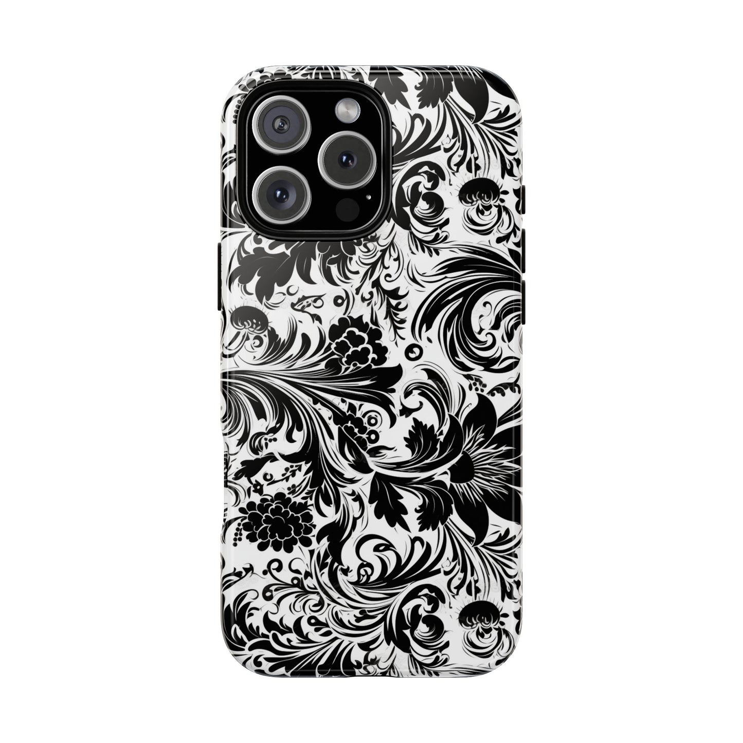 iPhone 16 and iPhone 15 Series - White and Black Flowers - Tough Phone Cases