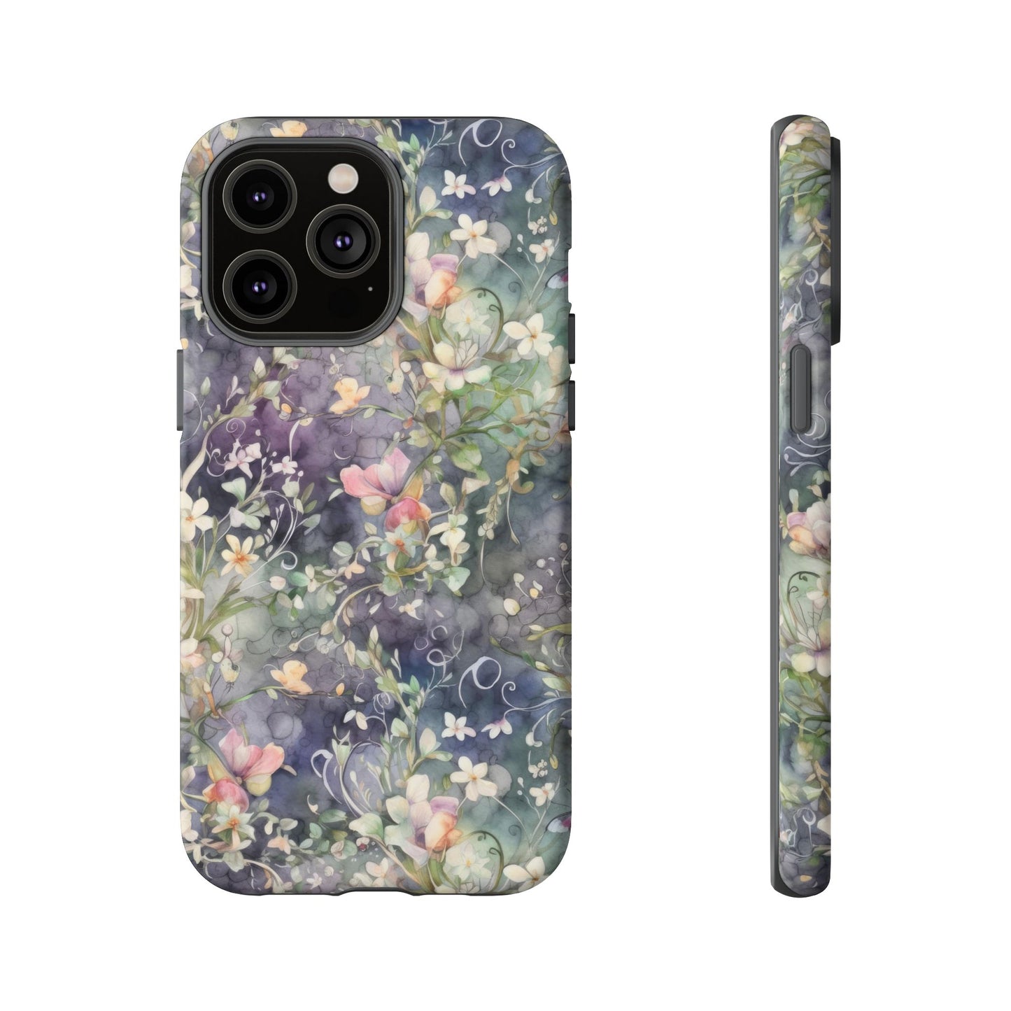 iPhone 14, iPhone 14 Pro, iPhone 14 Plus, iPhone 14 Pro Max - Watercolor Flowers Purple - Tough Phone Cases