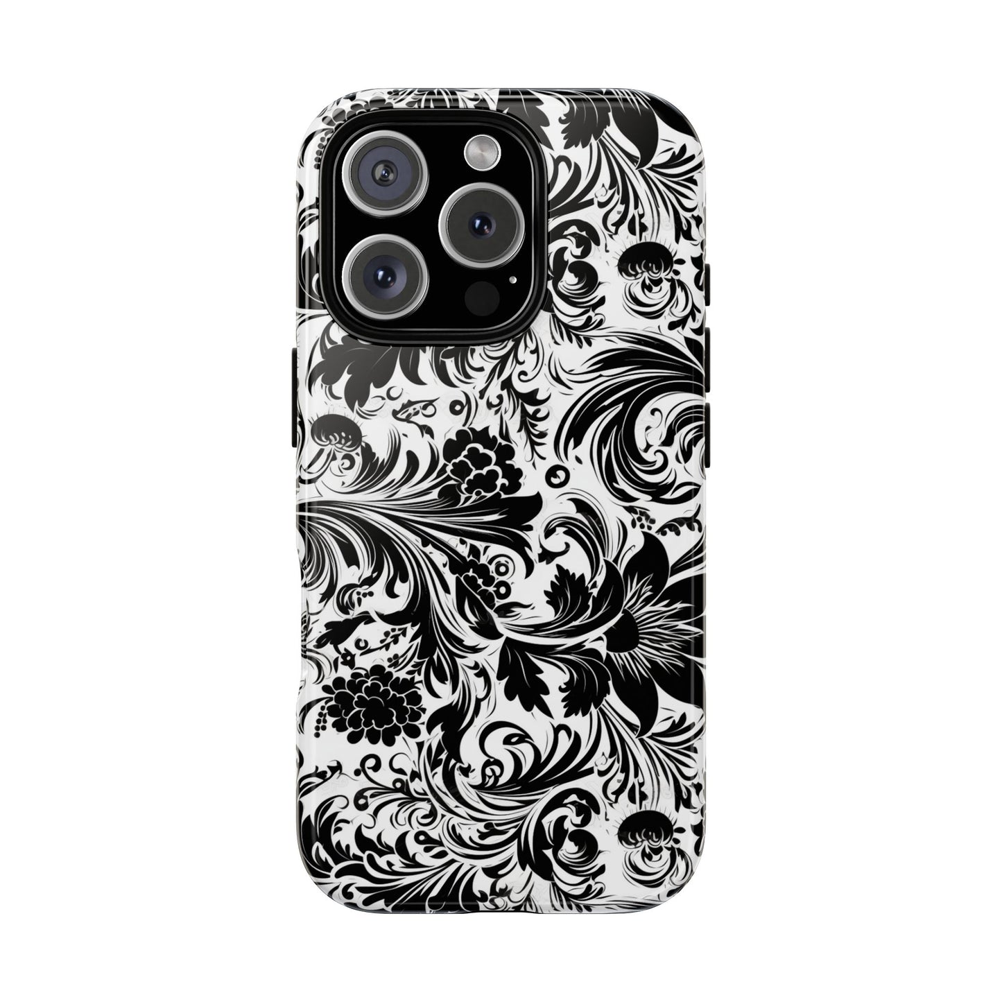 iPhone 16 and iPhone 15 Series - White and Black Flowers - Tough Phone Cases