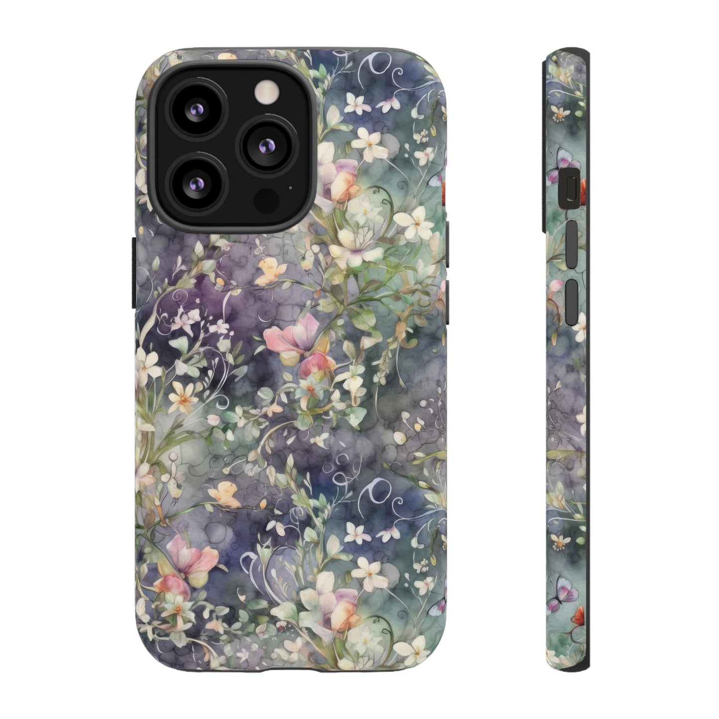 iPhone 13, iPhone 13 Mini, iPhone 13 Pro, iPhone 13 Pro Max - Watercolor Flowers Purple - Tough Phone Cases