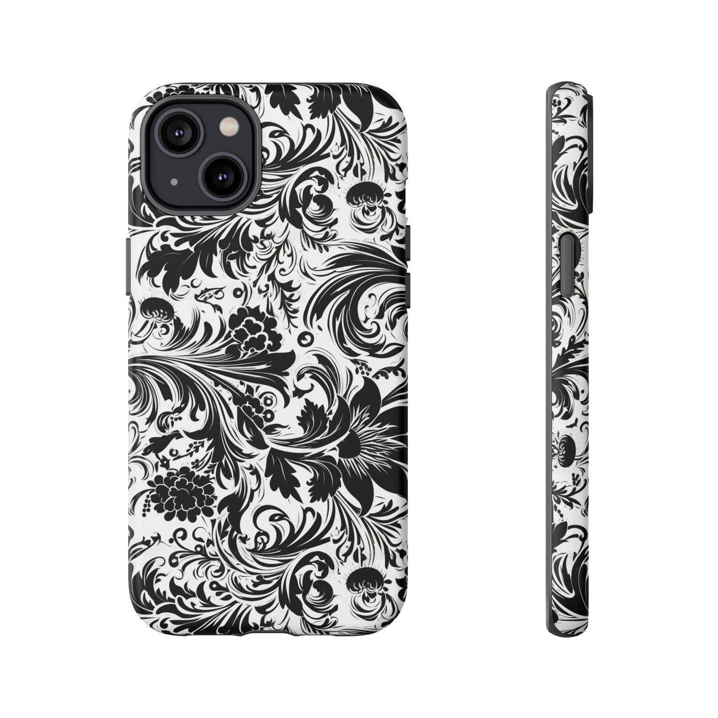 iPhone 14, 1Phone 14 Pro, iPhone 14 Plus, iPhone 14 Pro Max - White and Black Flowers - Tough Phone Cases