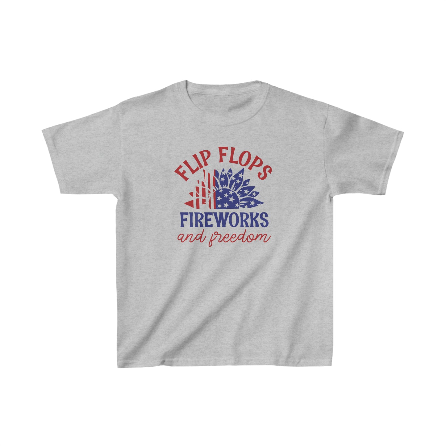 Flip Flops, Fireworks, and Freedom - American Flag - Sunflower - 4th of July - Independence Day - Kids Heavy Cotton Tee