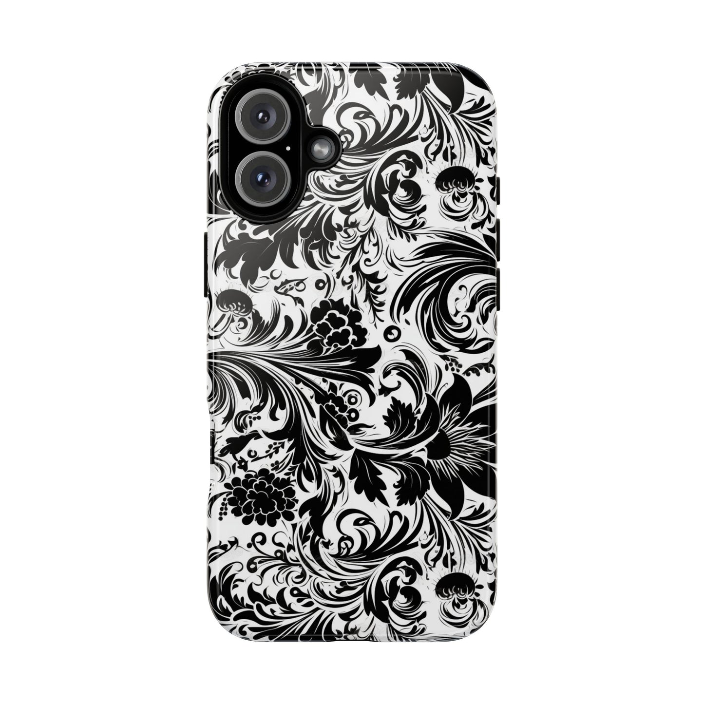 iPhone 16 and iPhone 15 Series - White and Black Flowers - Tough Phone Cases