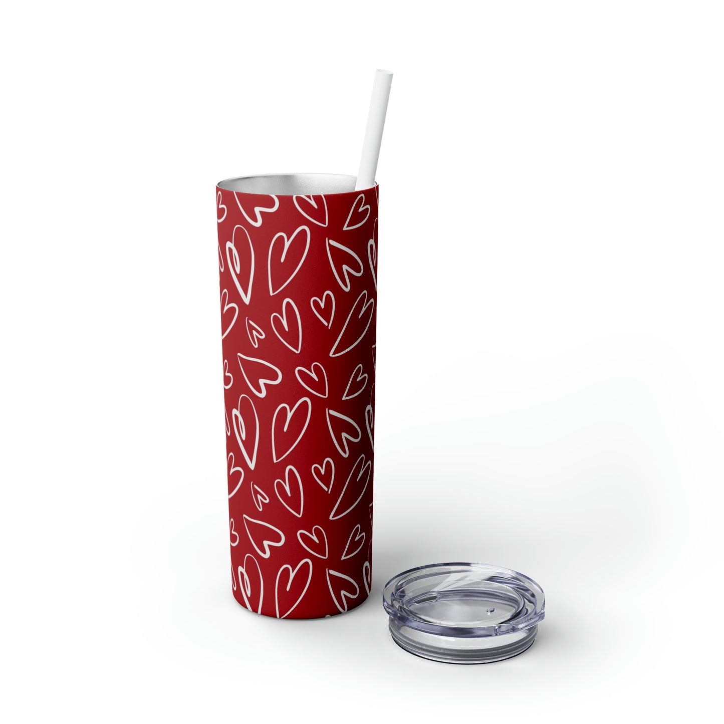 Red with White Hearts - Hand Drawn - Skinny Tumbler with Straw, 20oz - Stainless Steel