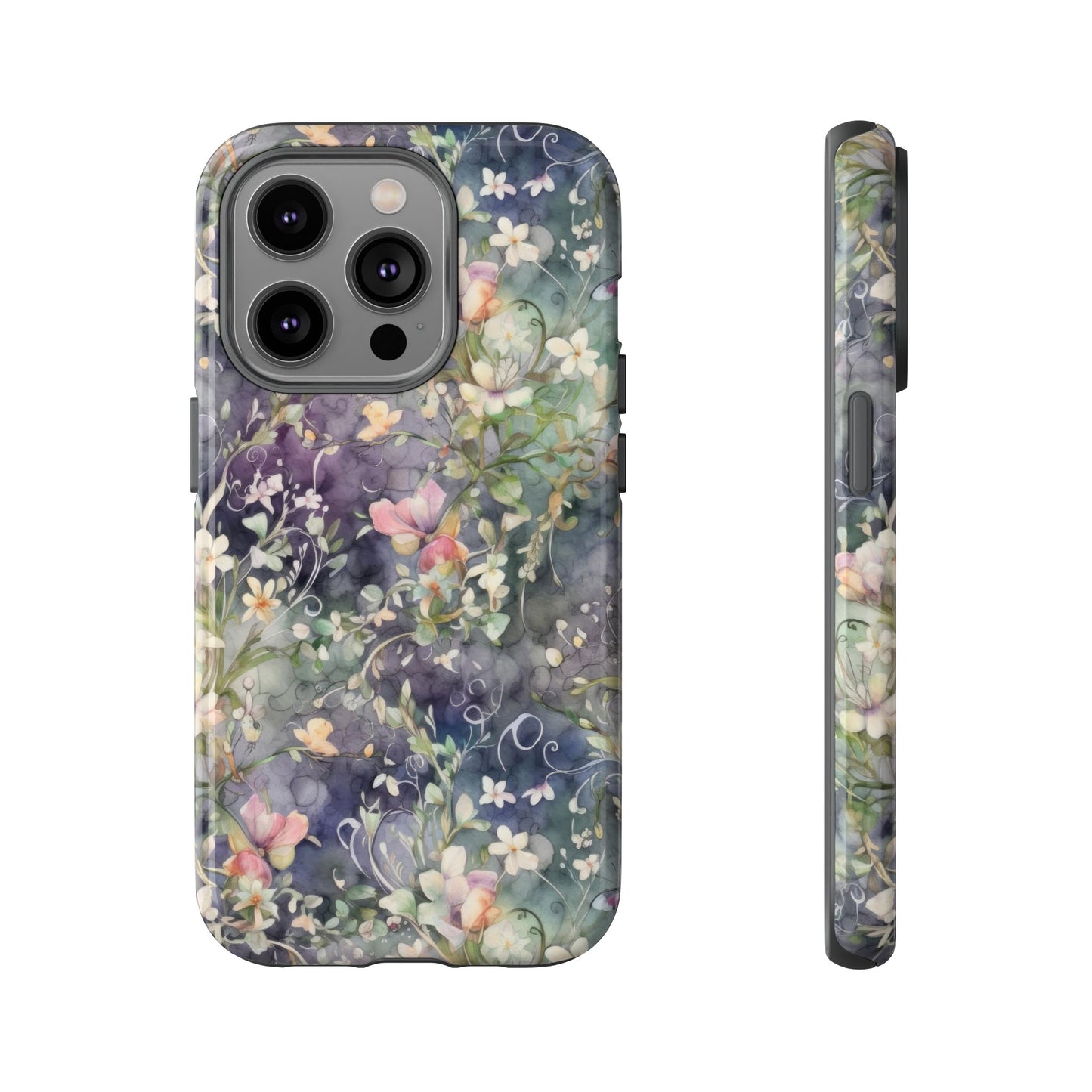 iPhone 14, iPhone 14 Pro, iPhone 14 Plus, iPhone 14 Pro Max - Watercolor Flowers Purple - Tough Phone Cases