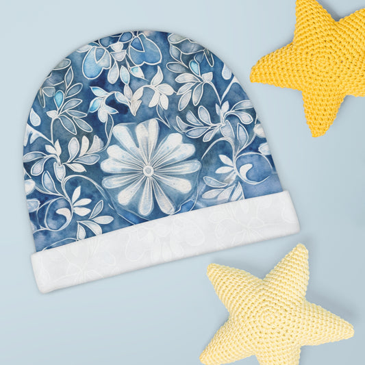 Watercolor Blue with White Flowers - Super Cute - Baby Beanie