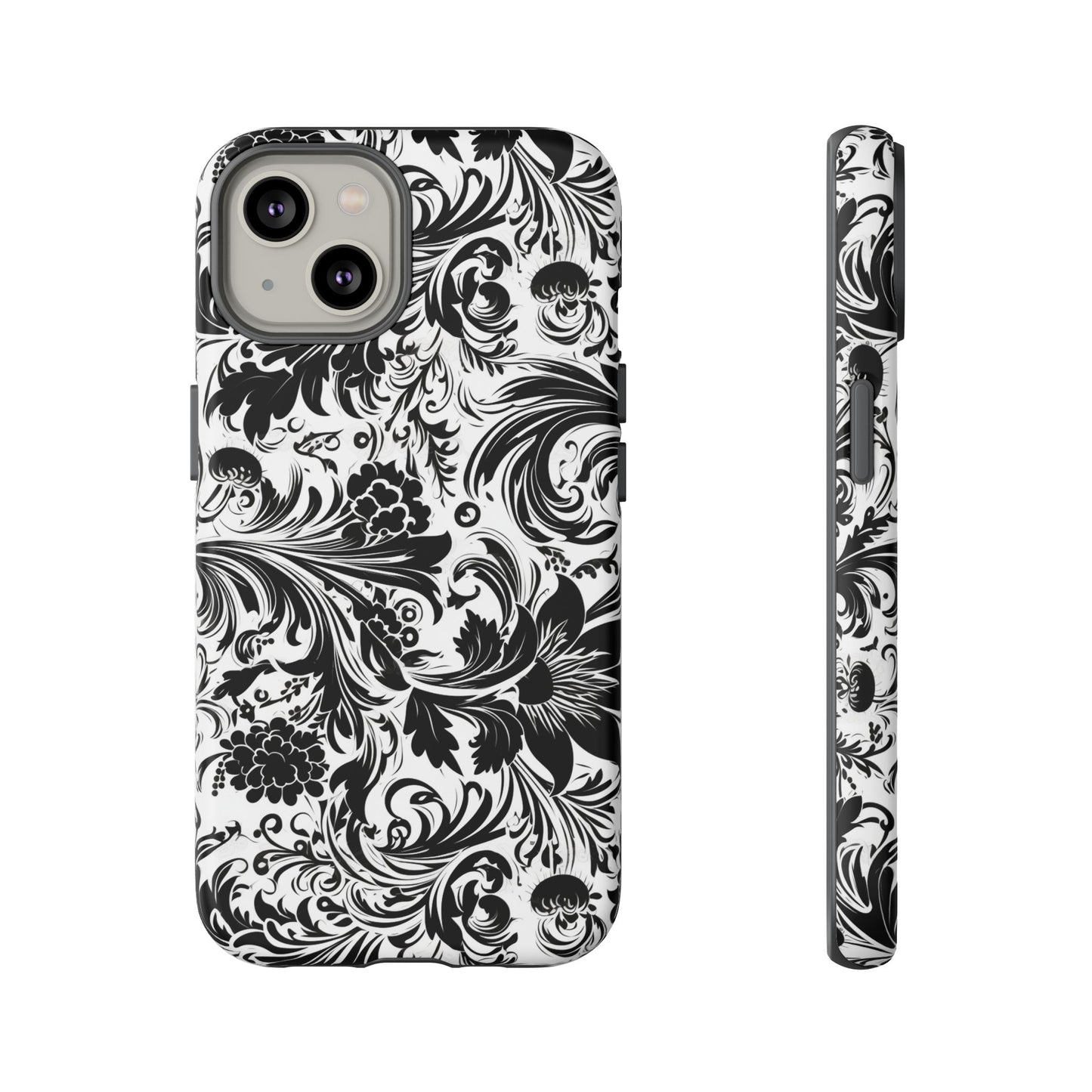 iPhone 14, 1Phone 14 Pro, iPhone 14 Plus, iPhone 14 Pro Max - White and Black Flowers - Tough Phone Cases