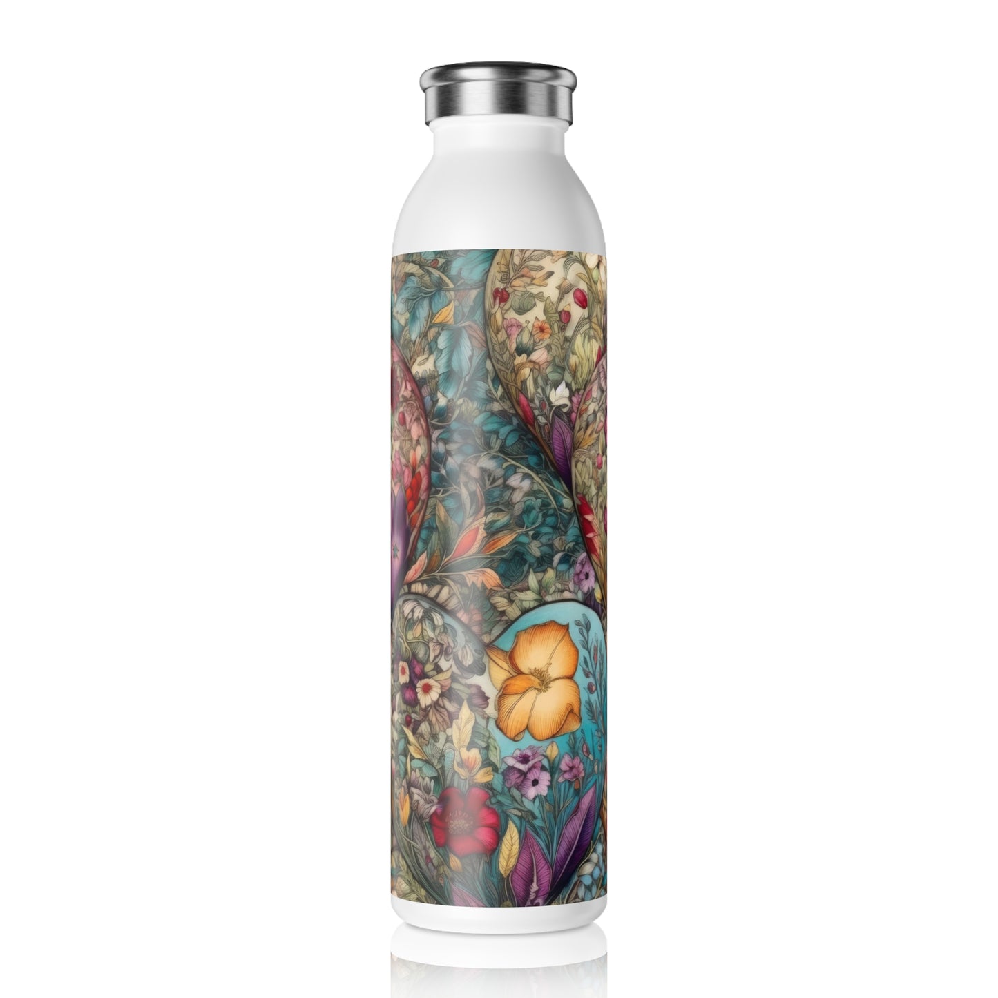 Fabric Hearts with Flowers 1.12 - Slim Water Bottle - Stainless Steel - 20oz