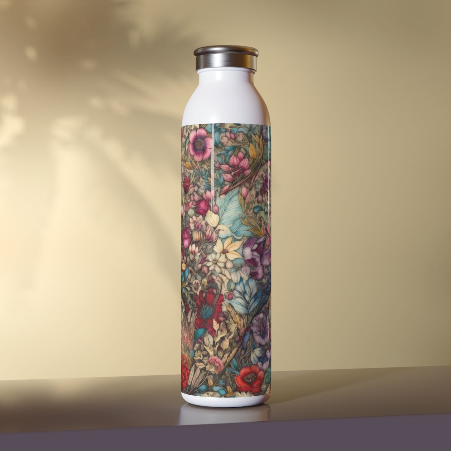 Fabric Hearts with Flowers 1.12 - Slim Water Bottle - Stainless Steel - 20oz