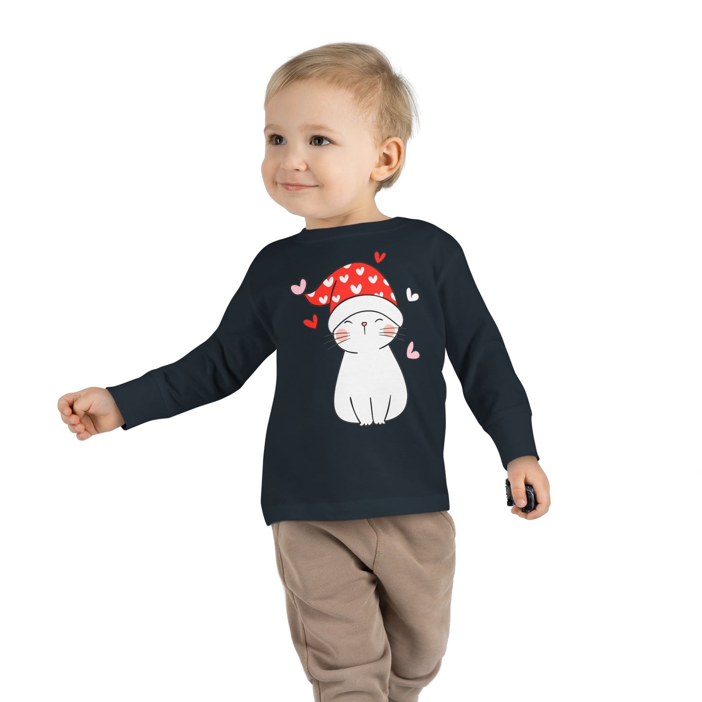 Cute Cat - Night Cap - Hearts - Toddler Long Sleeve Tee