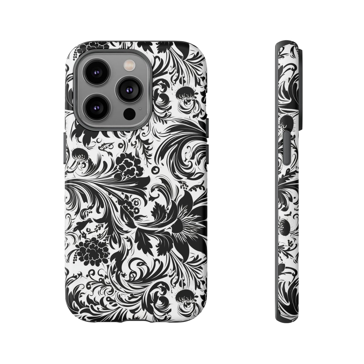 iPhone 14, 1Phone 14 Pro, iPhone 14 Plus, iPhone 14 Pro Max - White and Black Flowers - Tough Phone Cases