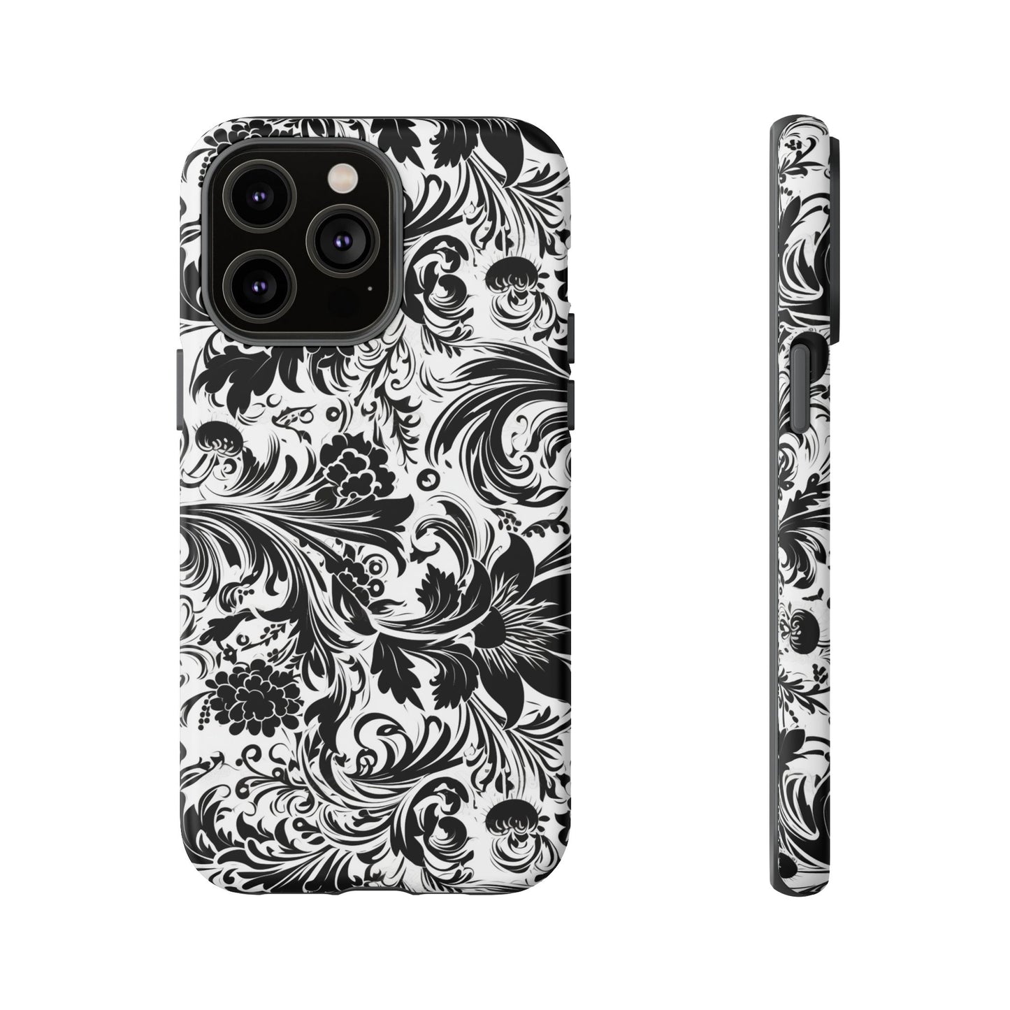 iPhone 14, 1Phone 14 Pro, iPhone 14 Plus, iPhone 14 Pro Max - White and Black Flowers - Tough Phone Cases