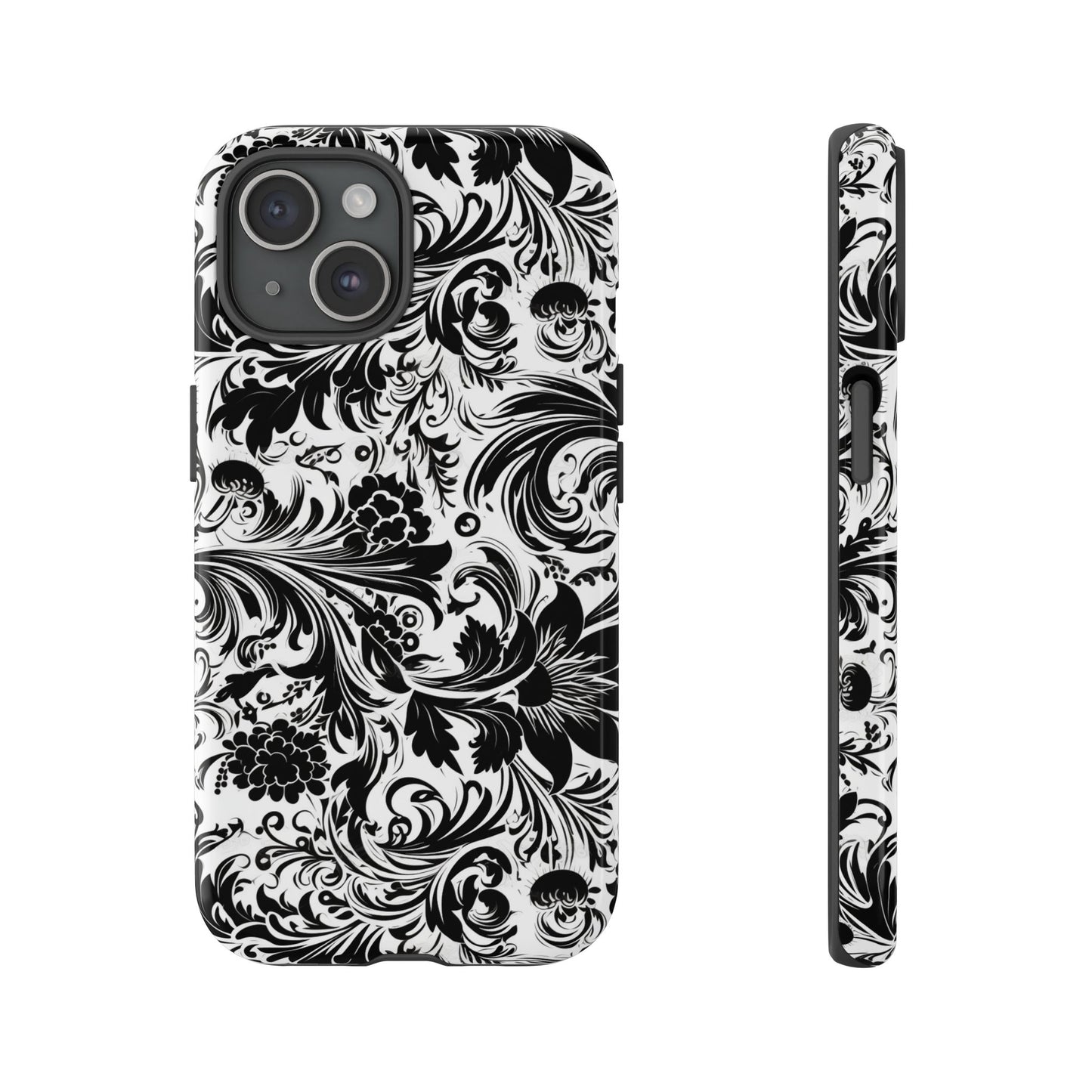 iPhone 16 and iPhone 15 Series - White and Black Flowers - Tough Phone Cases