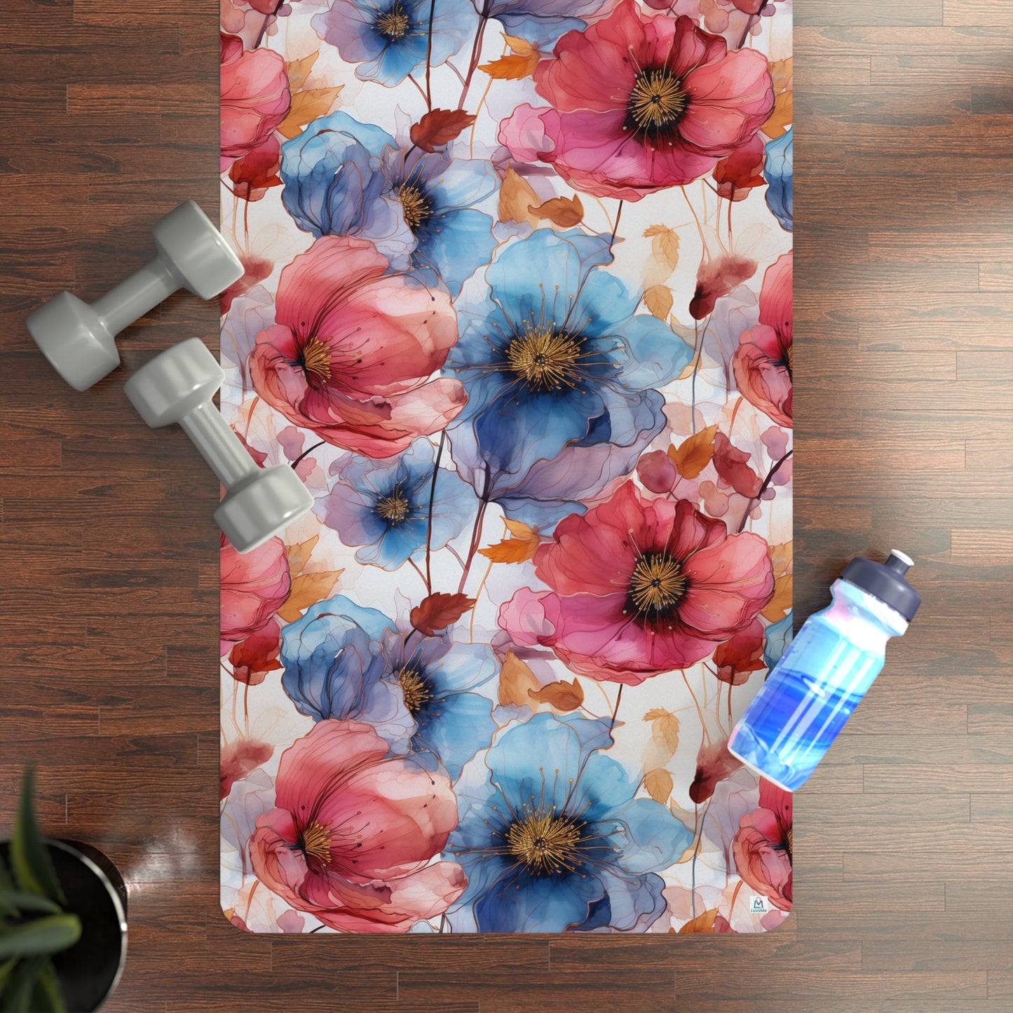 Beautiful Red and Blue Flowers Watercolor 11 - Rubber Yoga Mat