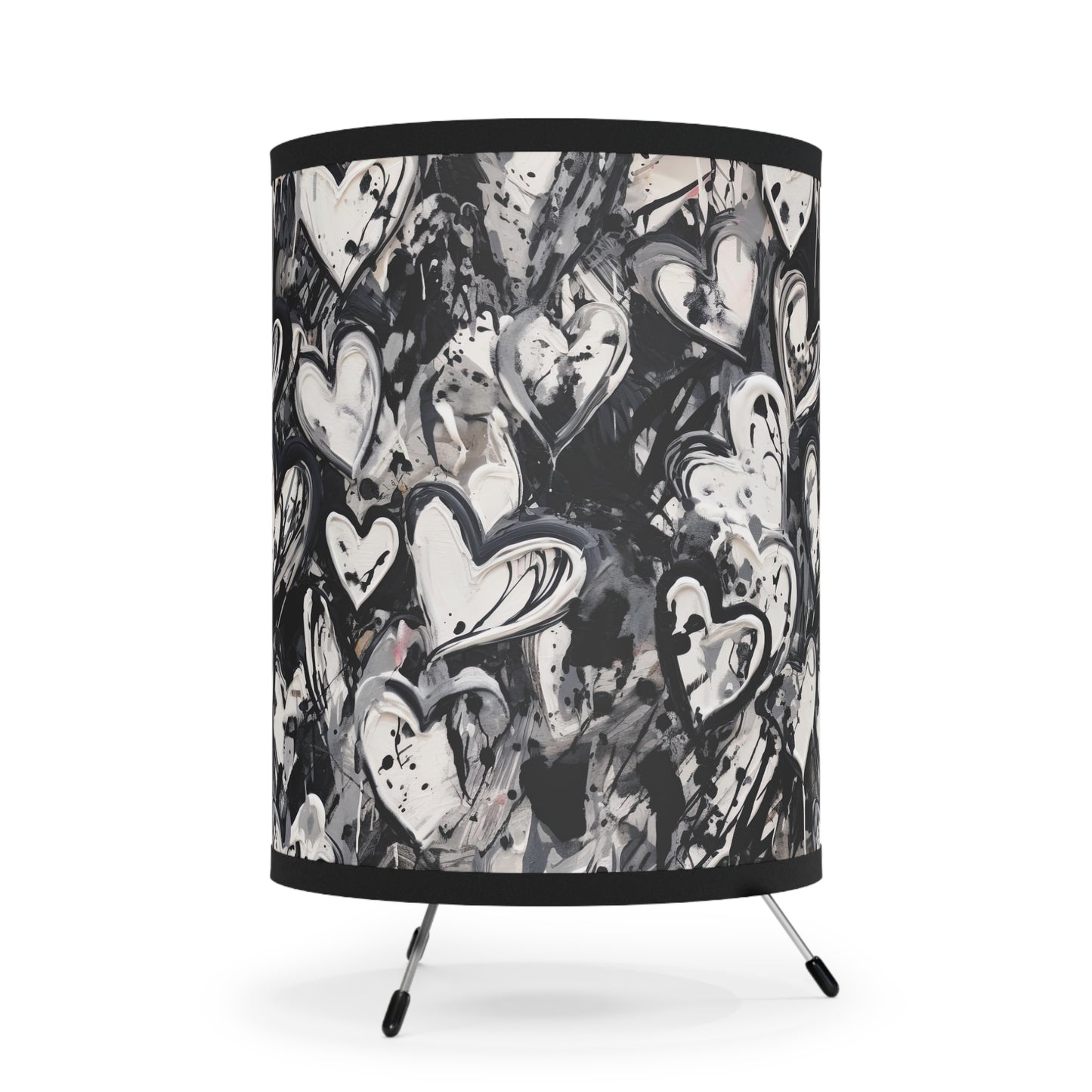 Black and White Painted Hearts - Tripod Lamp with High-Res Printed Shade, US\CA plug