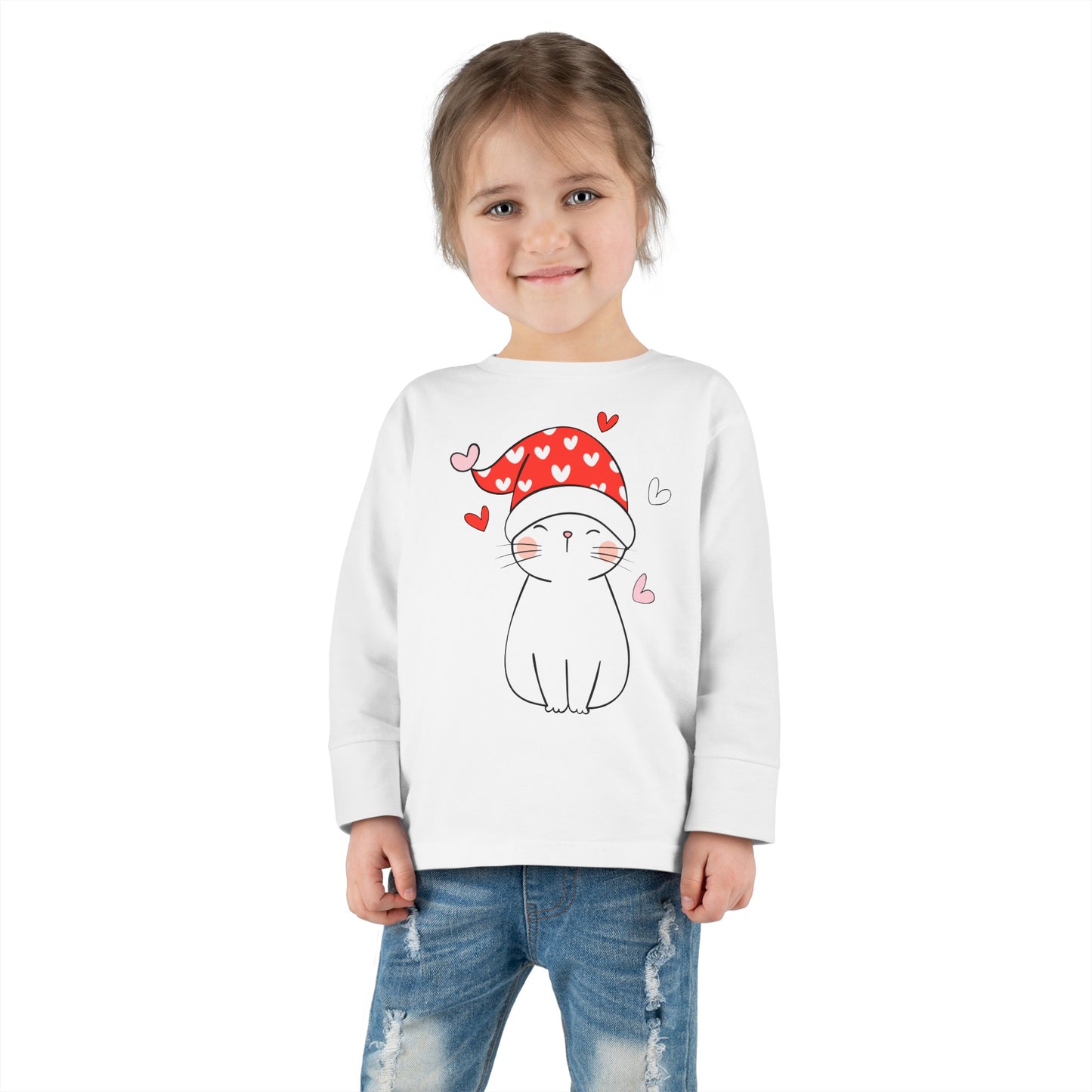 Cute Cat - Night Cap - Hearts - Toddler Long Sleeve Tee