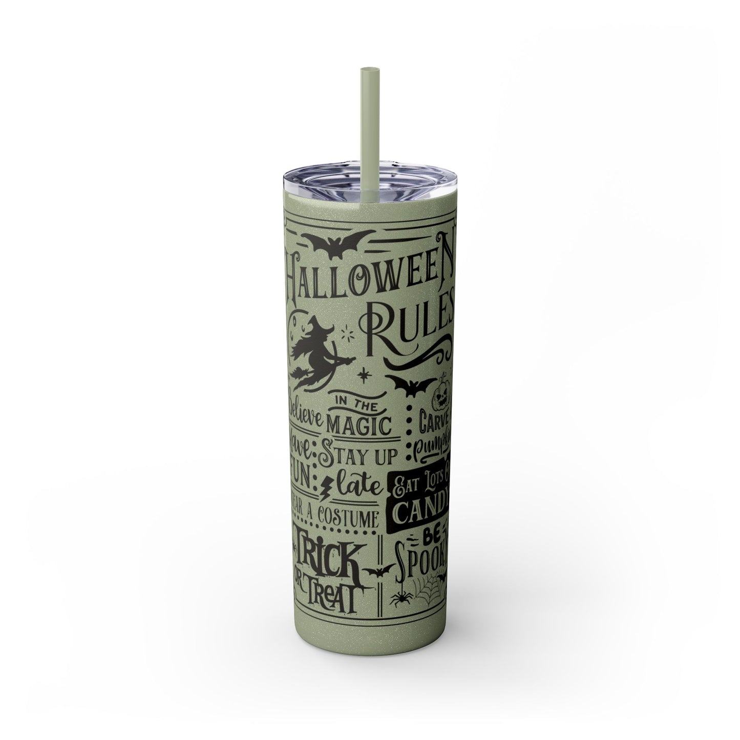 Halloween Rules - Witch - Trick or Treat - Candy - Vintage - Skinny Tumbler with Straw, 20oz - Stainless Steel