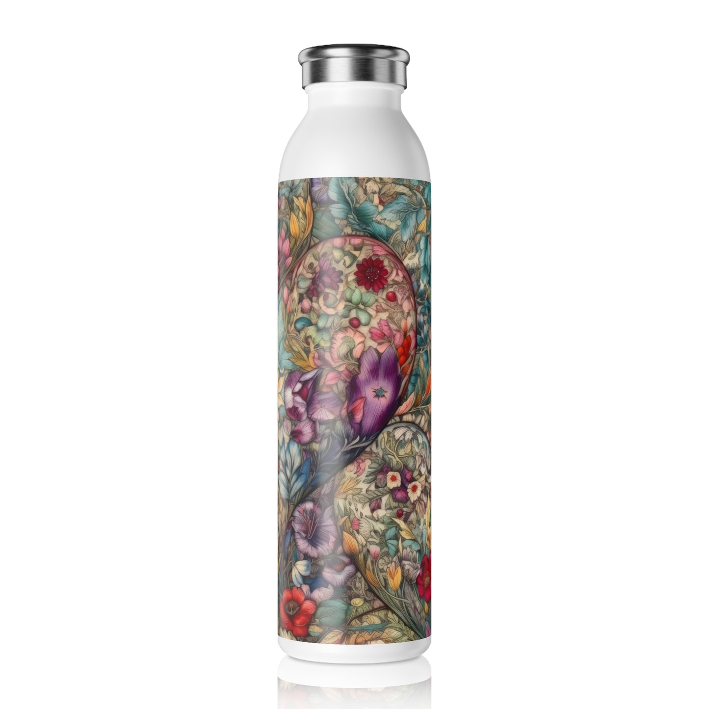 Fabric Hearts with Flowers 1.12 - Slim Water Bottle - Stainless Steel - 20oz