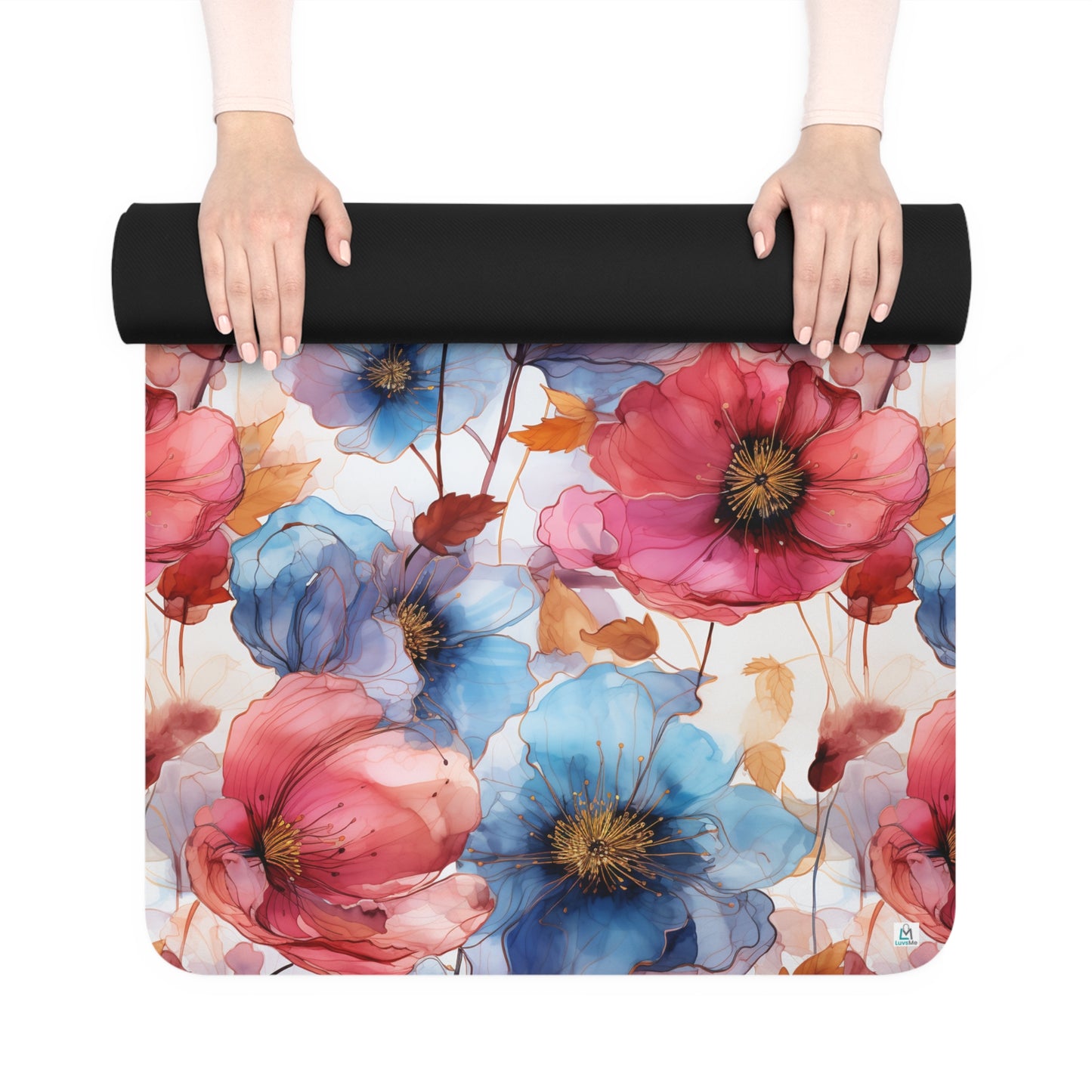 Beautiful Red and Blue Flowers Watercolor 11 - Rubber Yoga Mat