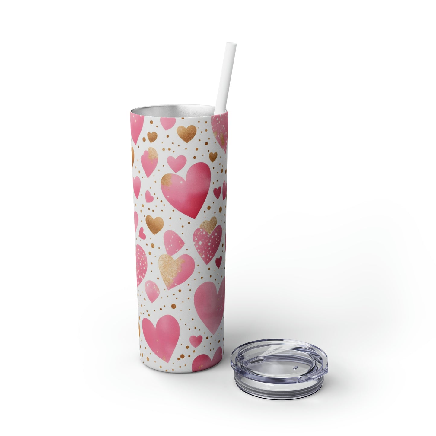 Love Hearts - Pink and Gold Floating Hearts - Skinny Tumbler with Straw, 20oz - Stainless Steel