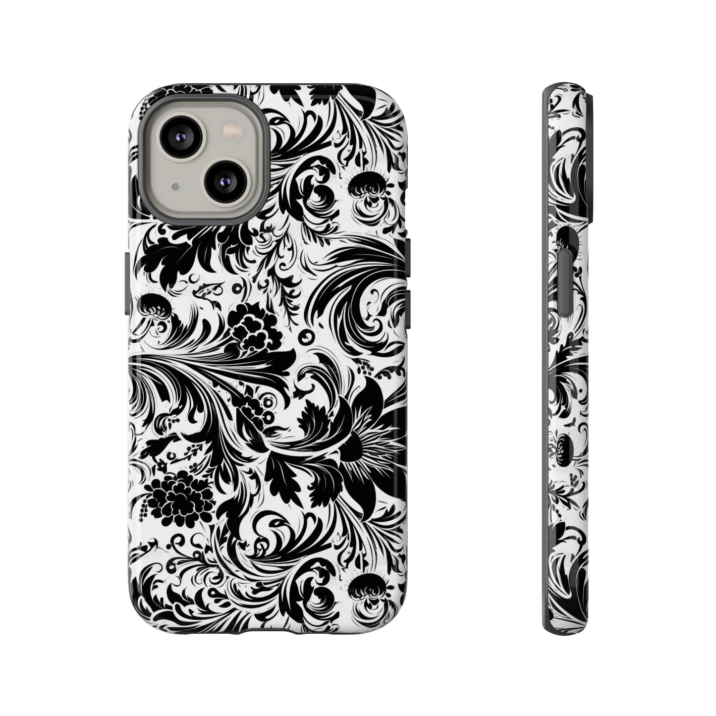 iPhone 14, 1Phone 14 Pro, iPhone 14 Plus, iPhone 14 Pro Max - White and Black Flowers - Tough Phone Cases