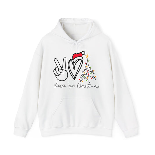 Peace, Love, Christmas - Santa Hat, Tree - Funny Christmas - Unisex Heavy Blend™ Hooded Sweatshirt